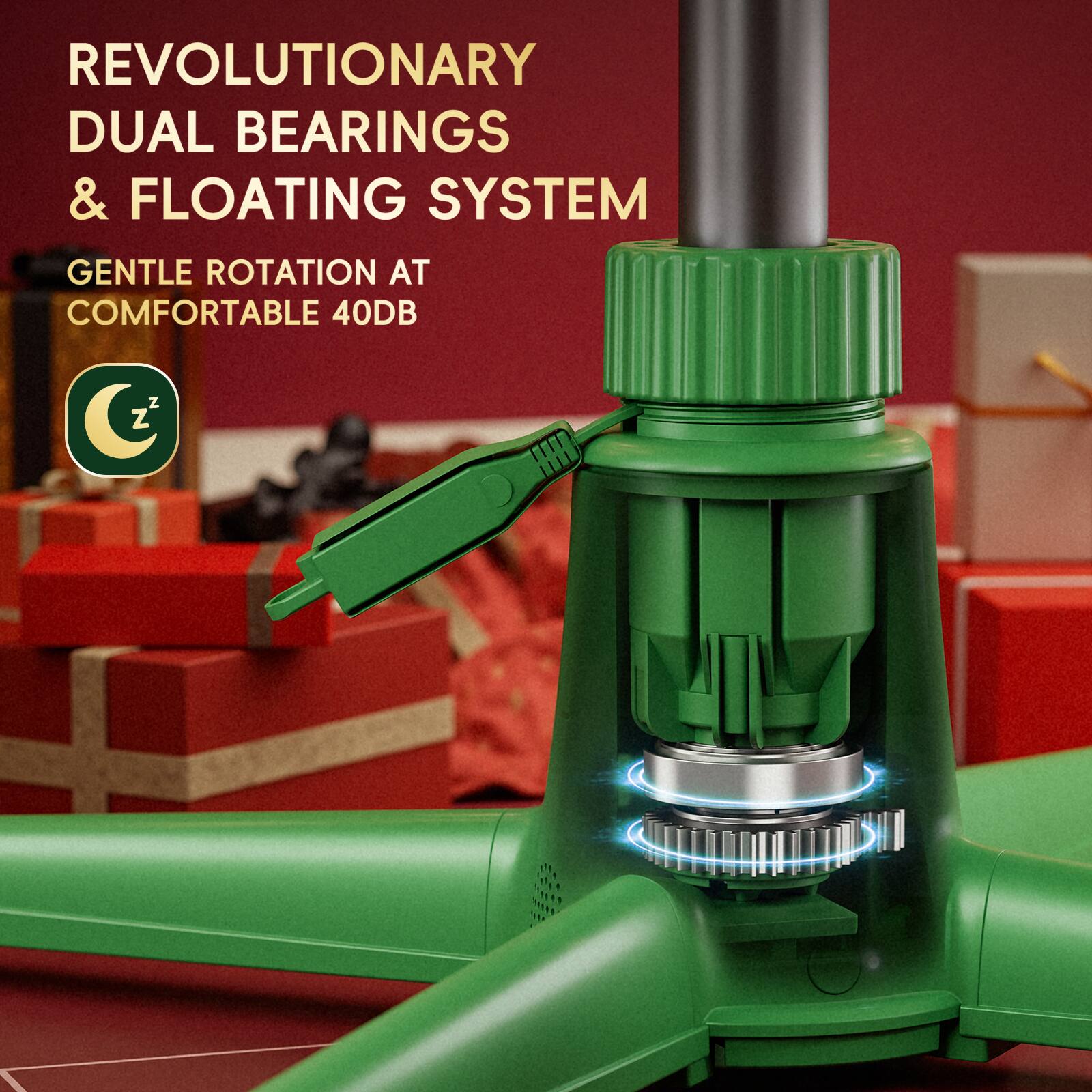 REVOLUTIONARY DUAL BEARINGS & FLOATING SYSTEM  
GENTLE ROTATION AT COMFORTABLE 40DB