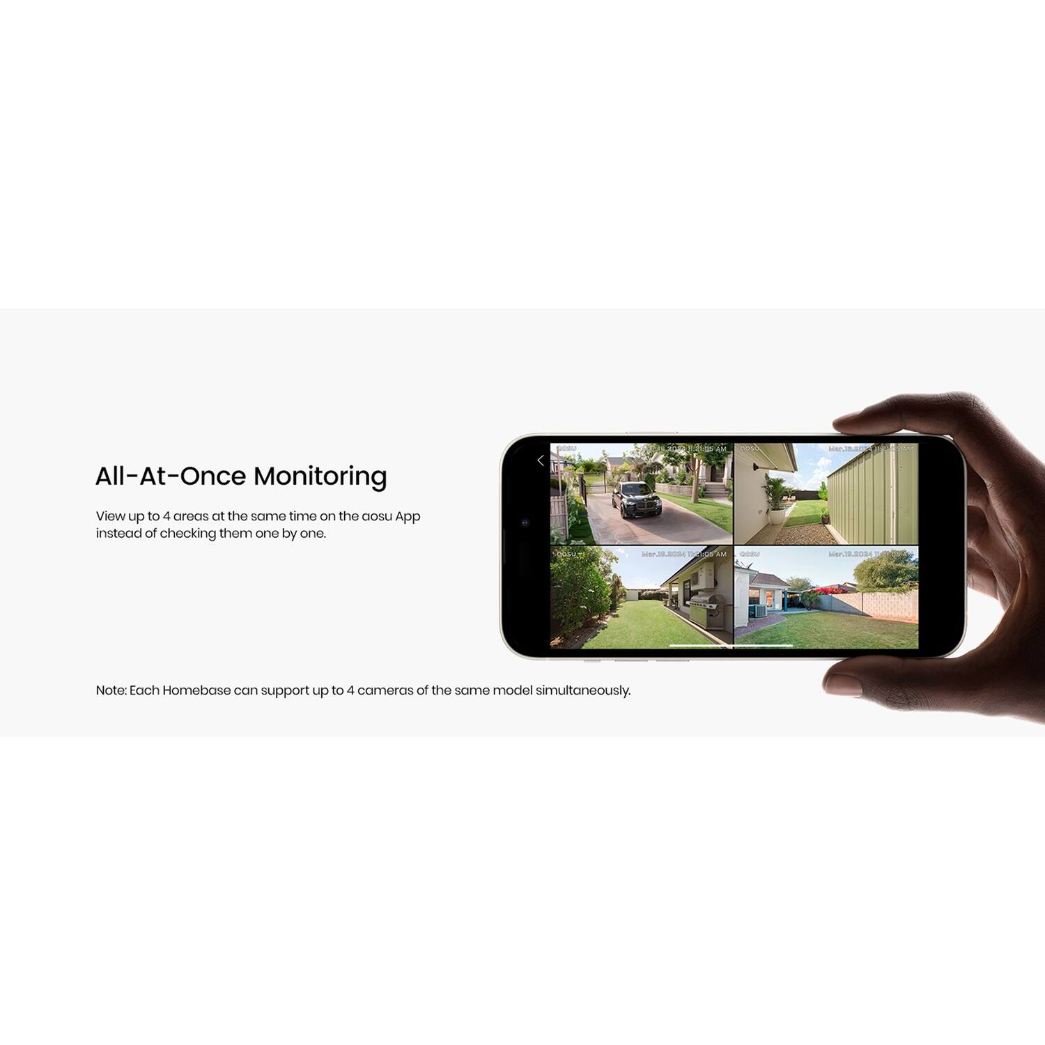 All-At-Once Monitoring  
View up to 4 areas at the same time on the aou App instead of checking them one by one.  

Note: Each Homebase can support up to 4 cameras of the same model simultaneously.