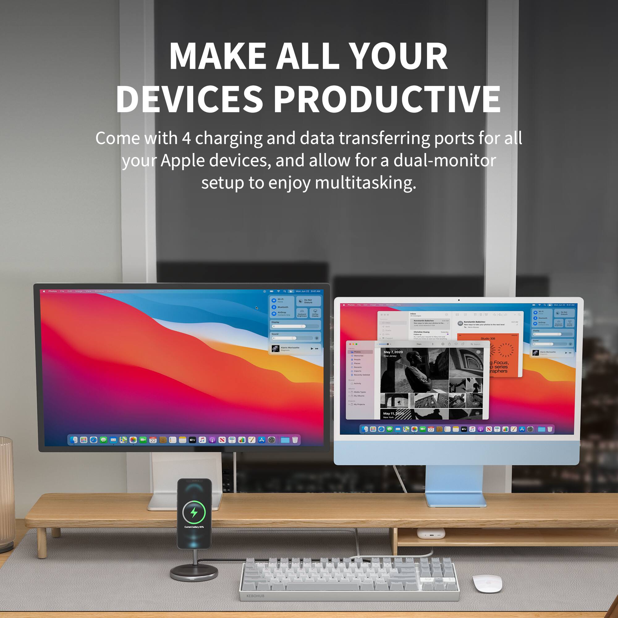 Make all your devices productive. Come with 4 charging and data transferring ports for all your Apple devices, and allow for a dual-monitor setup to enjoy multitasking.