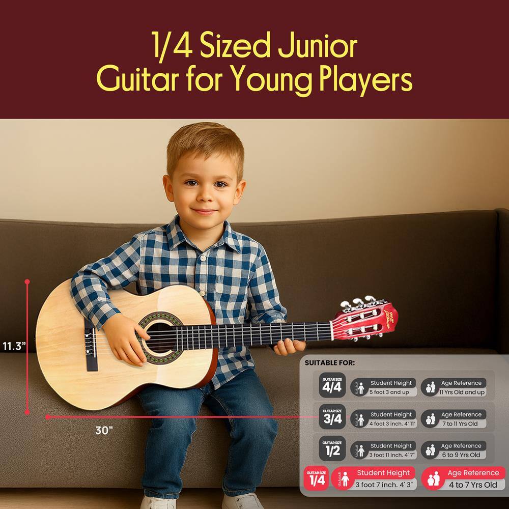1/4 Sized Junior Guitar for Young Players

SUITABLE FOR:

- 4/4 Guitar Size
  - Student Height: 5 foot 3 and up
  - Age Reference: 11 Yrs Old and up

- 3/4 Guitar Size
  - Student Height: 4 foot 3 inch
  - Age Reference: 7 to 11 Yrs Old

- 1/2 Guitar Size
  - Student Height: 3 foot 11 inch
  - Age Reference: 6 to 9 Yrs Old

- 1/4 Guitar Size
  - Student Height: 3 foot 7 inch
  - Age Reference: 4 to 7 Yrs Old

11.3"  
30"