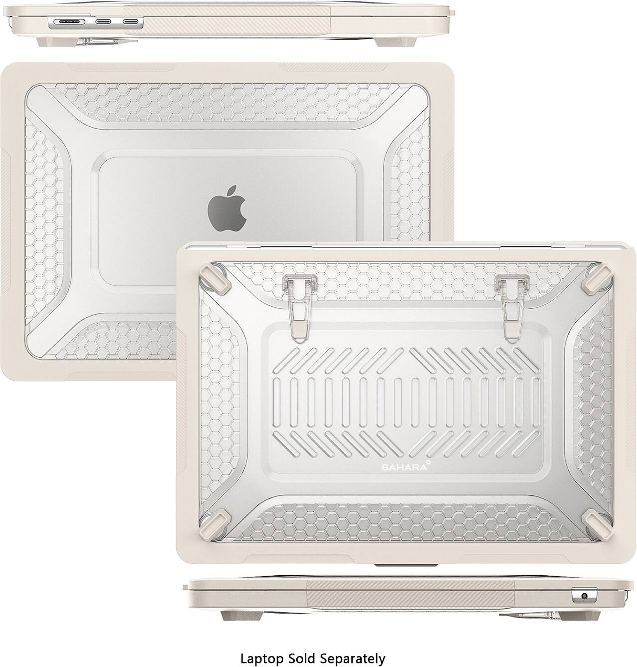 The image shows a laptop computer with a silver case and a white keyboard. The laptop is sold separately, as indicated by the text. The laptop is displayed in two different orientations, one with the keyboard facing upwards and the other with the keyboard facing downwards. The laptop is designed with a unique case that provides a combination of style and protection.