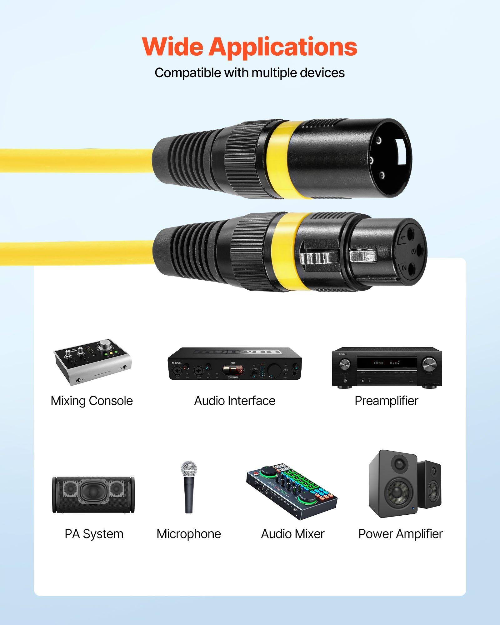 Wide Applications  
Compatible with multiple devices  

- Mixing Console  
- Audio Interface  
- Preamplifier  
- PA System  
- Microphone  
- Audio Mixer  
- Power Amplifier