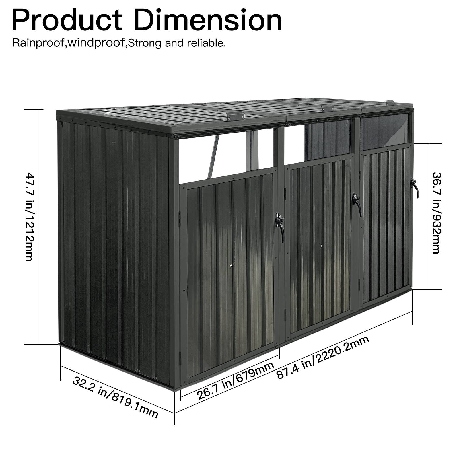 Product Dimension  
Rainproof, windproof, Strong and reliable.  

47.7 in/1212mm  
36.7 in/932mm  
32.2 in/819.1mm  
87.4 in/2220.2mm  
26.7 in/679mm