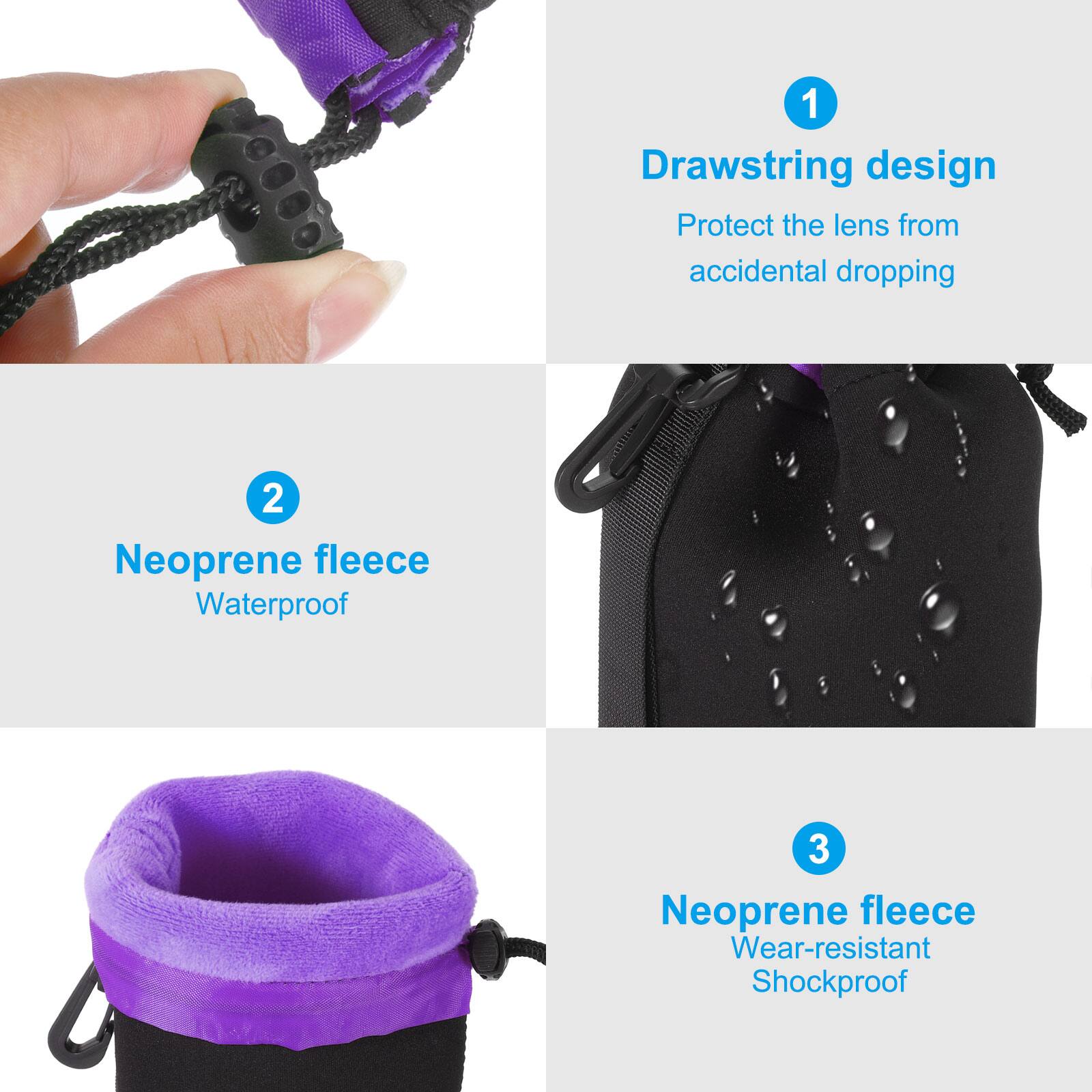 1. Drawstring design  
   Protect the lens from accidental dropping  

2. Neoprene fleece  
   Waterproof  

3. Neoprene fleece  
   Wear-resistant  
   Shockproof