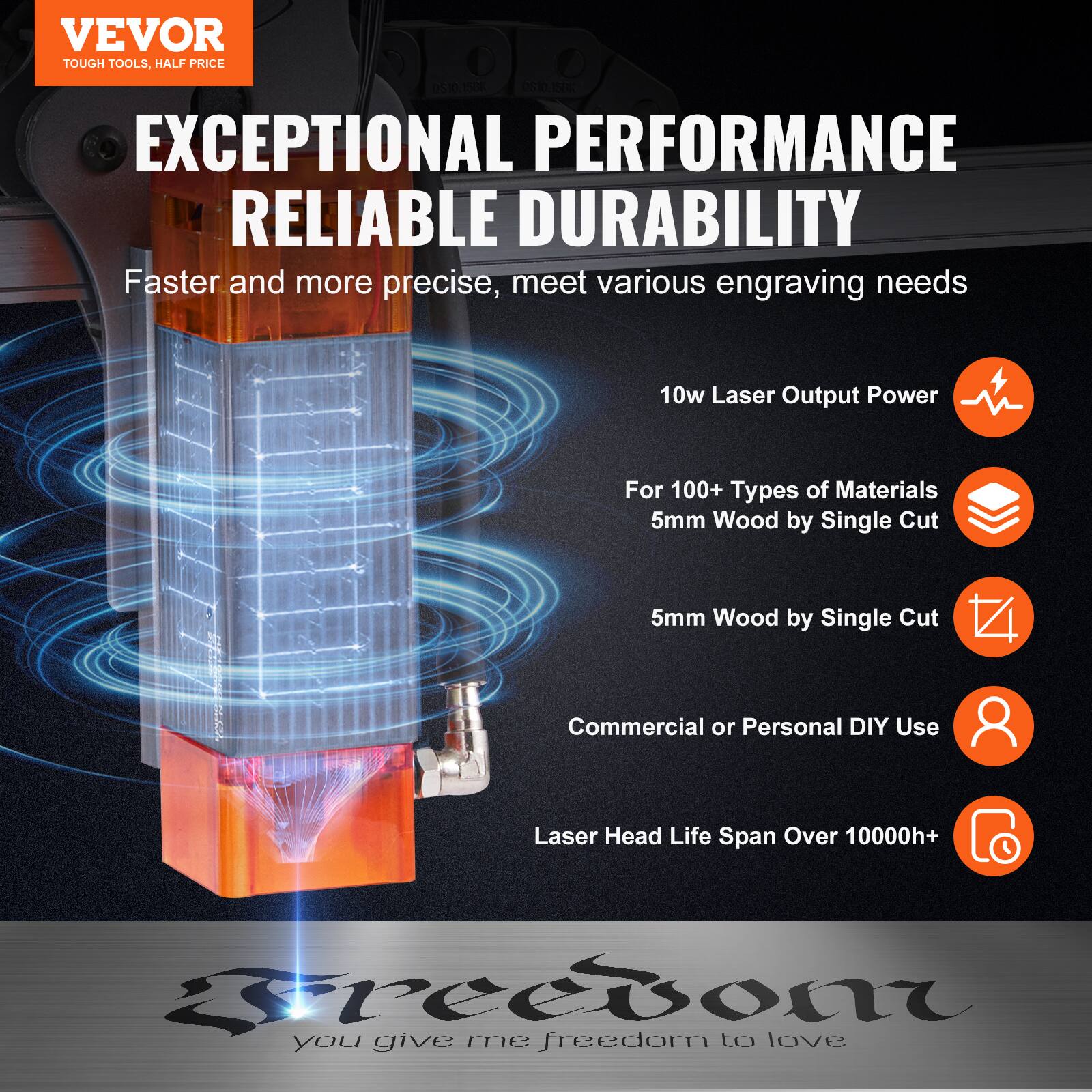 VEVOR  
TOUGH TOOLS, HALF PRICE  

EXCEPTIONAL PERFORMANCE  
RELIABLE DURABILITY  

Faster and more precise, meet various engraving needs  

- 10w Laser Output Power  
- For 100+ Types of Materials  
- 5mm Wood by Single Cut  
- Commercial or Personal DIY Use  
- Laser Head Life Span Over 10000h+  

you give me freedom to love