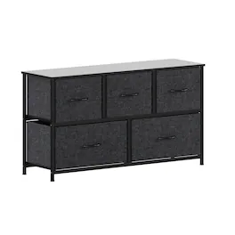 Emma + Oliver - Marley 5 Drawer Storage Dresser with Cast Iron Frame, Wood Top and Easy Pull Fabric Drawers with Wooden Handles - Black Drawers/Black Frame