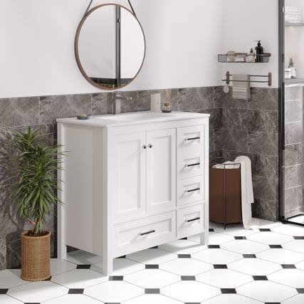 Front. U-HOMY - Modern Bathroom Vanity with Ceramic Sink, Soft-Close Storage Cabinet and Drawer, Glossy Countertop, White - 36"x18".