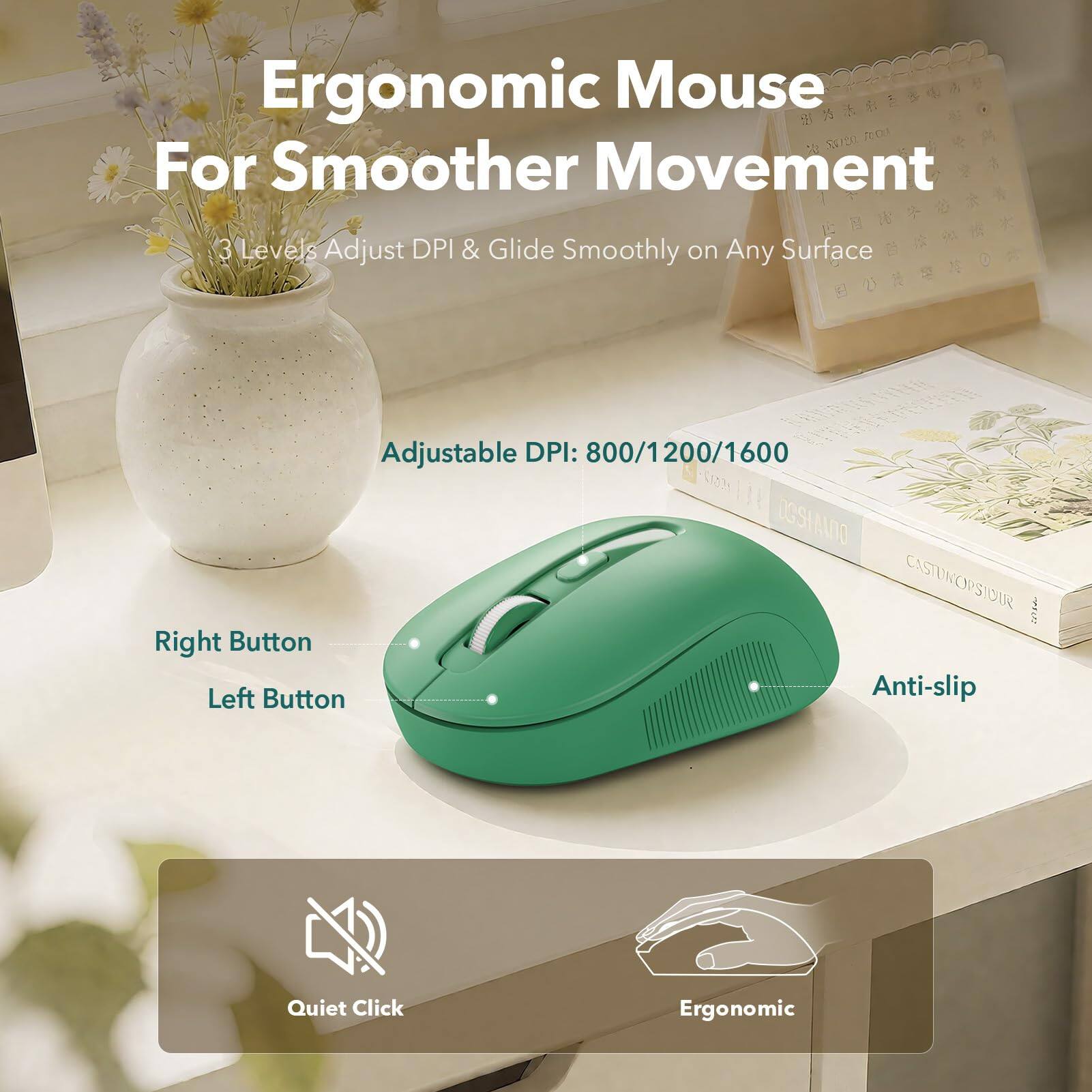 Ergonomic Mouse 00112 10:0 For Smoother Movement

3 Levels Adjust DPI & Glide Smoothly on Any Surface

Adjustable DPI: 800/1200/1600

Right Button
Left Button
Anti-slip
Quiet Click
Ergonomic