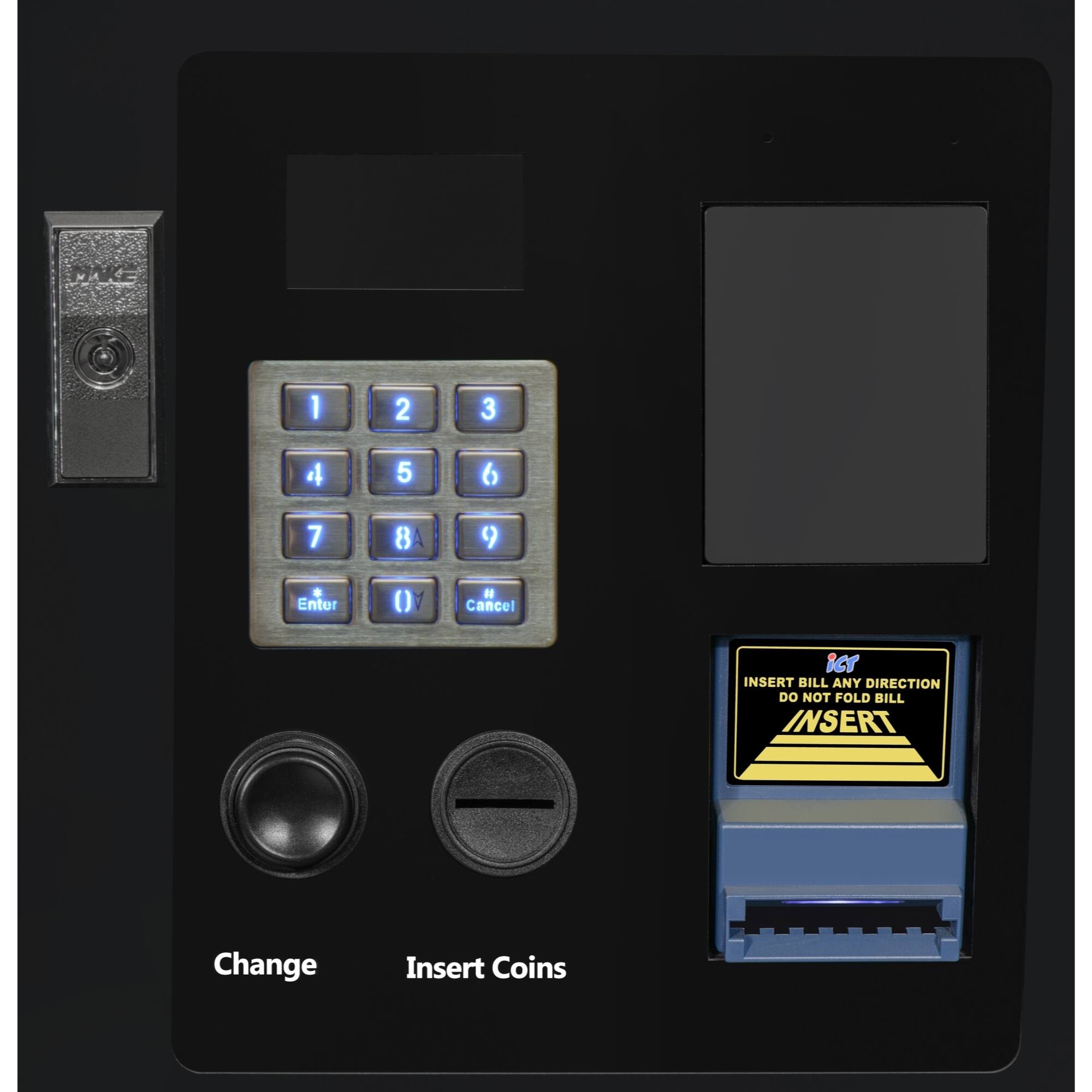 1 2 3  
4 5 6  
7 8 9  
Enter () N Cancel icT  

INSERT BILL ANY DIRECTION  
DO NOT FOLD BILL  

Change  
Insert Coins