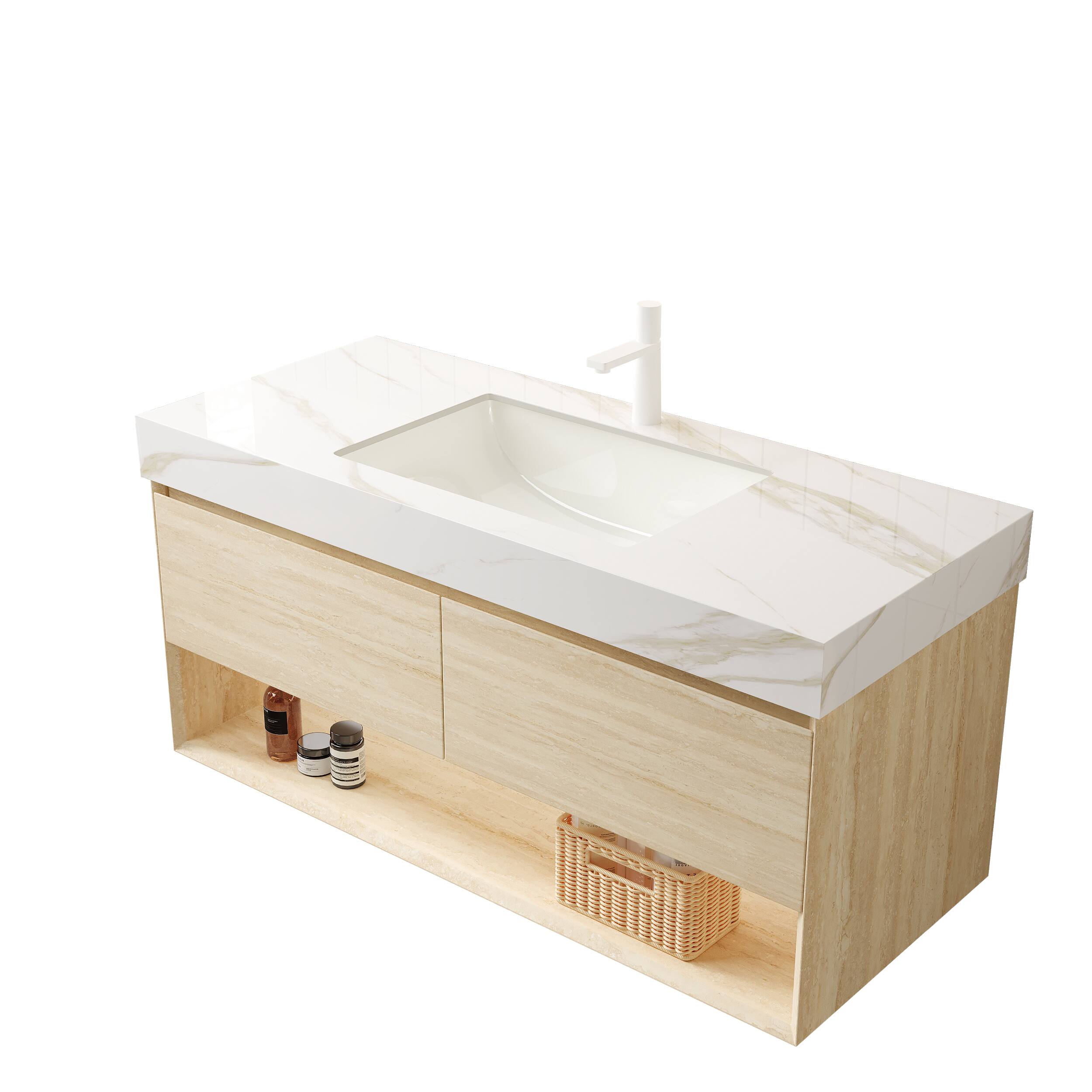 Back. APRILSOUL - FRIGGA 48 inch Floating Vanity Drawers Sensor Light Undermount Basin Travertine - Beige,Carrara White.