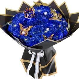 Stylel Star - Pink Glitter Roses Bouquet 24 Shiny Flowers Everlasting Diy Artificial For Christmas Birthday Anniversary Wedding Engage - Blue-a-24 PCS