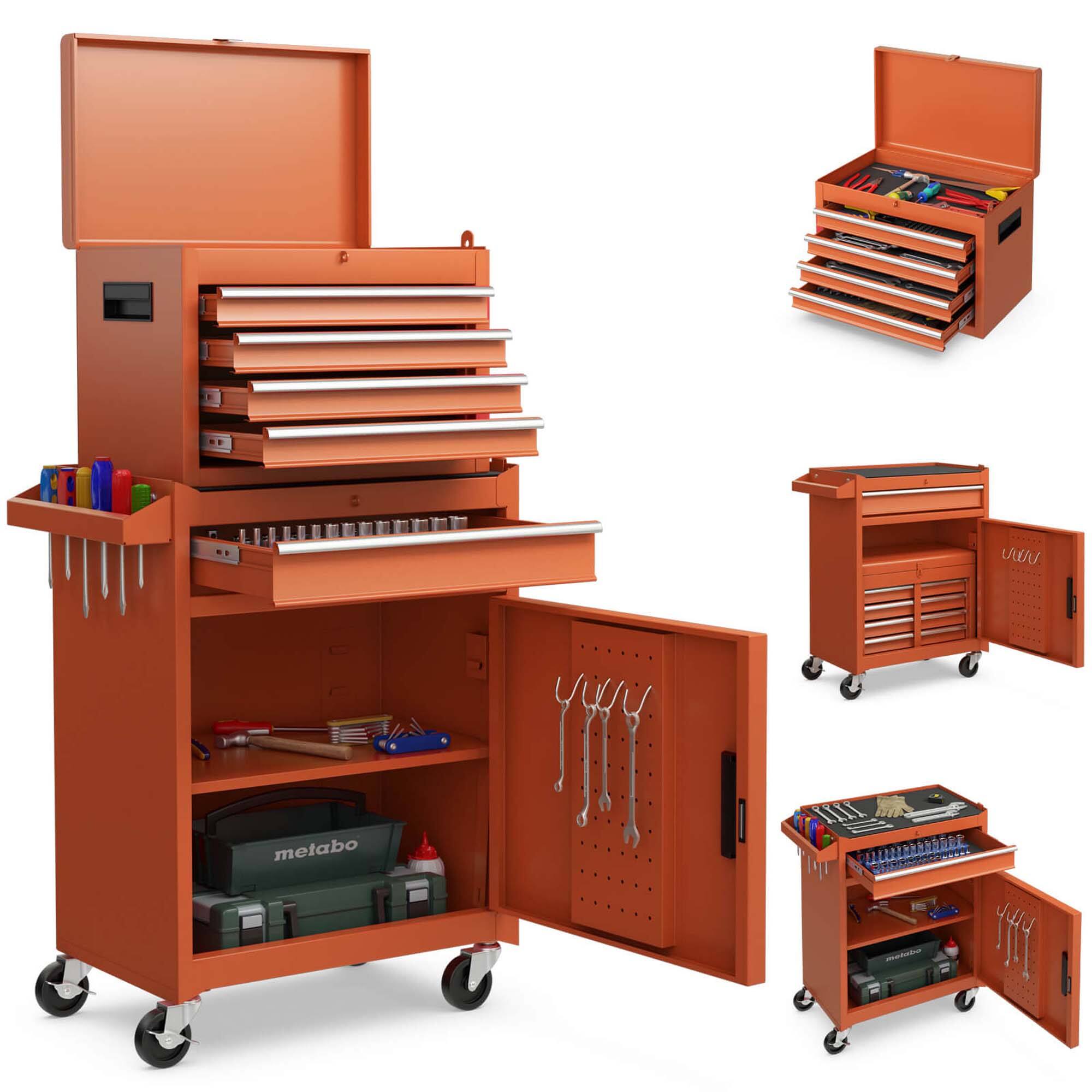 Costway - 2 in 1 Tool Chest & Cabinet with Sliding Drawers Rolling Garage Organizer - Orange