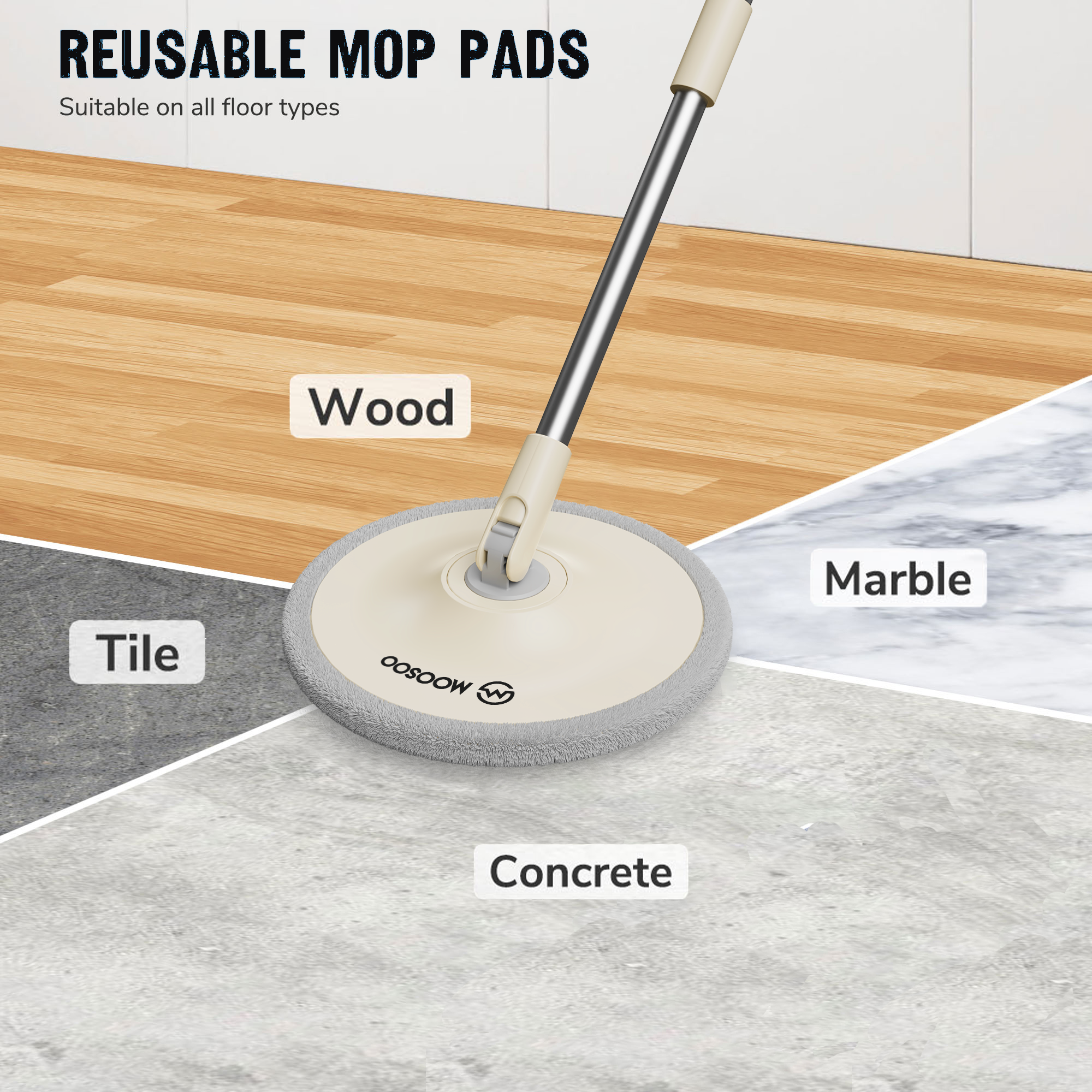 REUSABLE MOP PADS  
Suitable on all floor types  

Wood  
Tile  
Marble  
Concrete