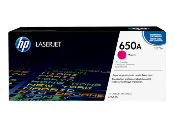 hp LASERJET
650A Magenta Print Cartridge
CE273A
EASIER NUMBER, SAME CARTRIDGE!
NUMERO FACILE, MEME CARTRIOCHE!
Print Cartridge
Cartouche d'Impression
Tisková Kázele
Superior, professional results. Every time.
Des résultats professionnels et de qualité supérieure à chaque impression.
HP LASERJET ENTERPRISE
CP5525