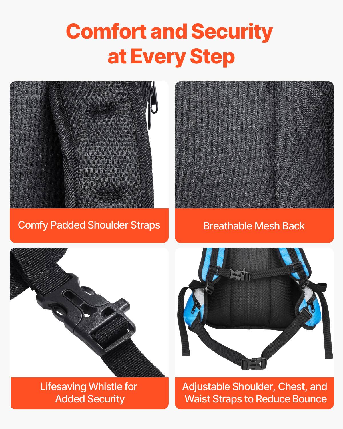 Comfort and Security at Every Step

- Comfy Padded Shoulder Straps
- Breathable Mesh Back
- Lifesaving Whistle for Added Security
- Adjustable Shoulder, Chest, and Waist Straps to Reduce Bounce