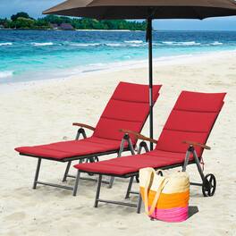 Gymax - 2PCS Folding Patio Rattan Lounge Chair Cushioned Aluminum Adjust Wheel - Red
