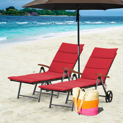 Front. Gymax - Gymax 2PCS Folding Patio Rattan Lounge Chair Cushioned Aluminum Adjust Wheel Red - Red.