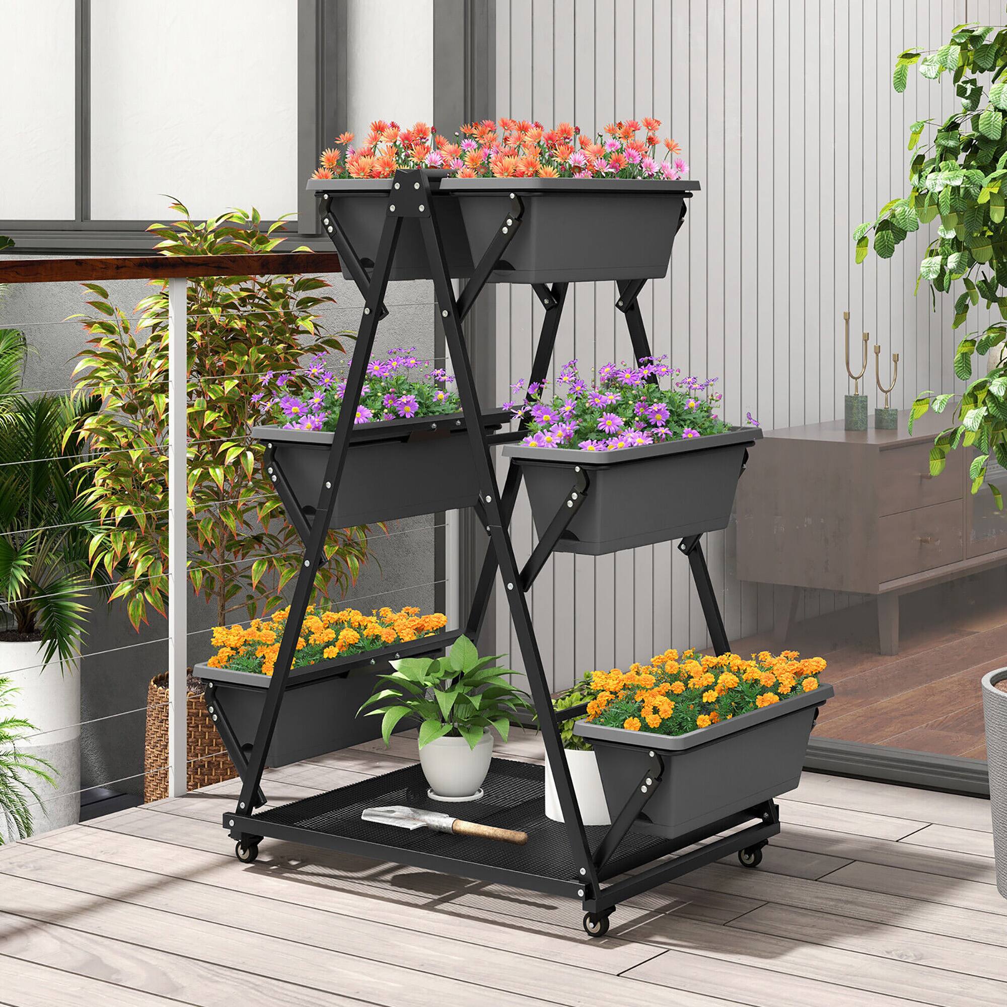 Alt View 4. Gymax - Gymax 3-tier Vertical Garden Planter Box w/ Lockable Wheels Drainage Holes for Patio - Black.