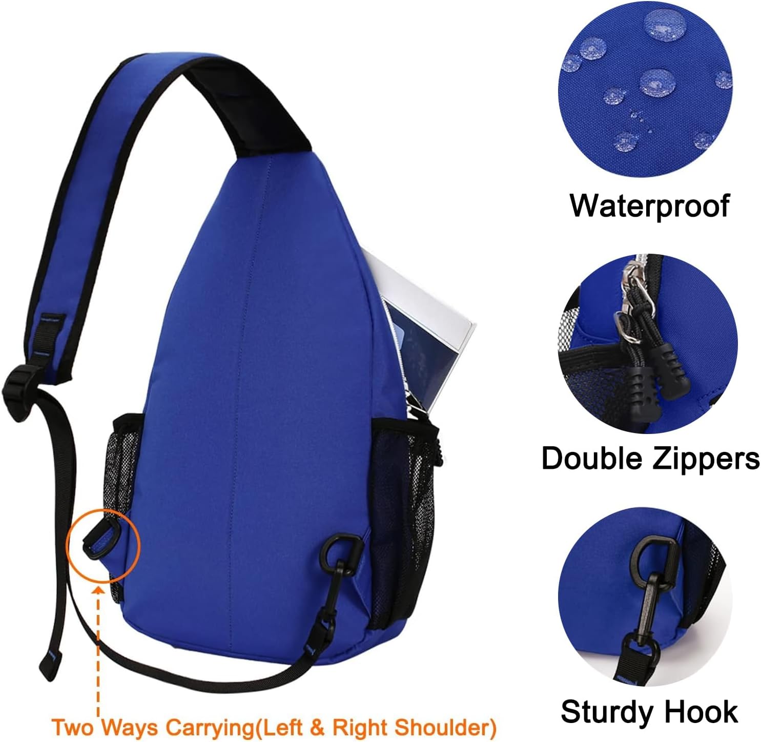 Waterproof  
Double Zippers  
Two Ways Carrying (Left & Right Shoulder)  
Sturdy Hook