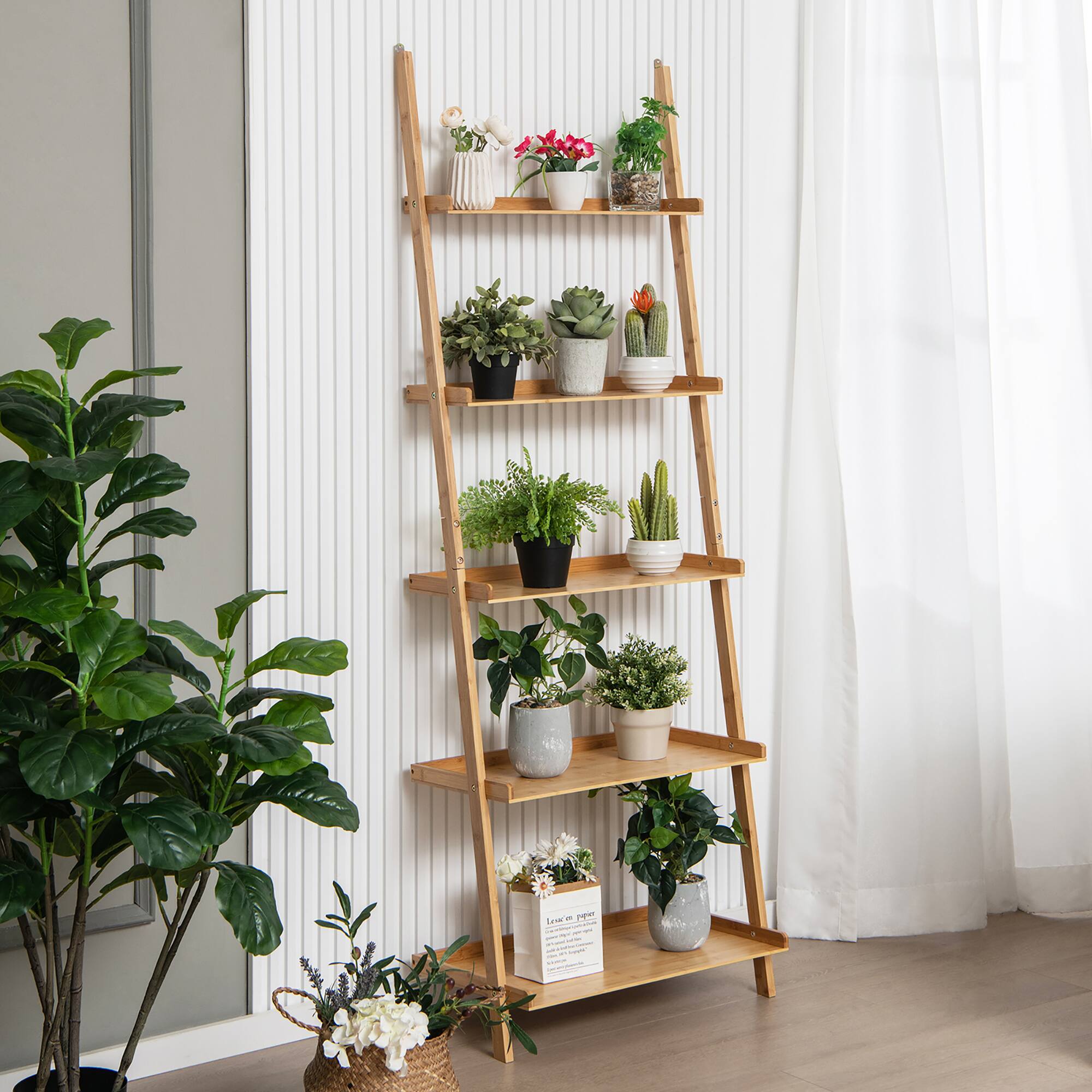 Alt View 1. Costway - Costway 2 PCS 5-Tier Bamboo Ladder Shelf Wall-Leaning Display Bookcase Storage Rack - Natural.