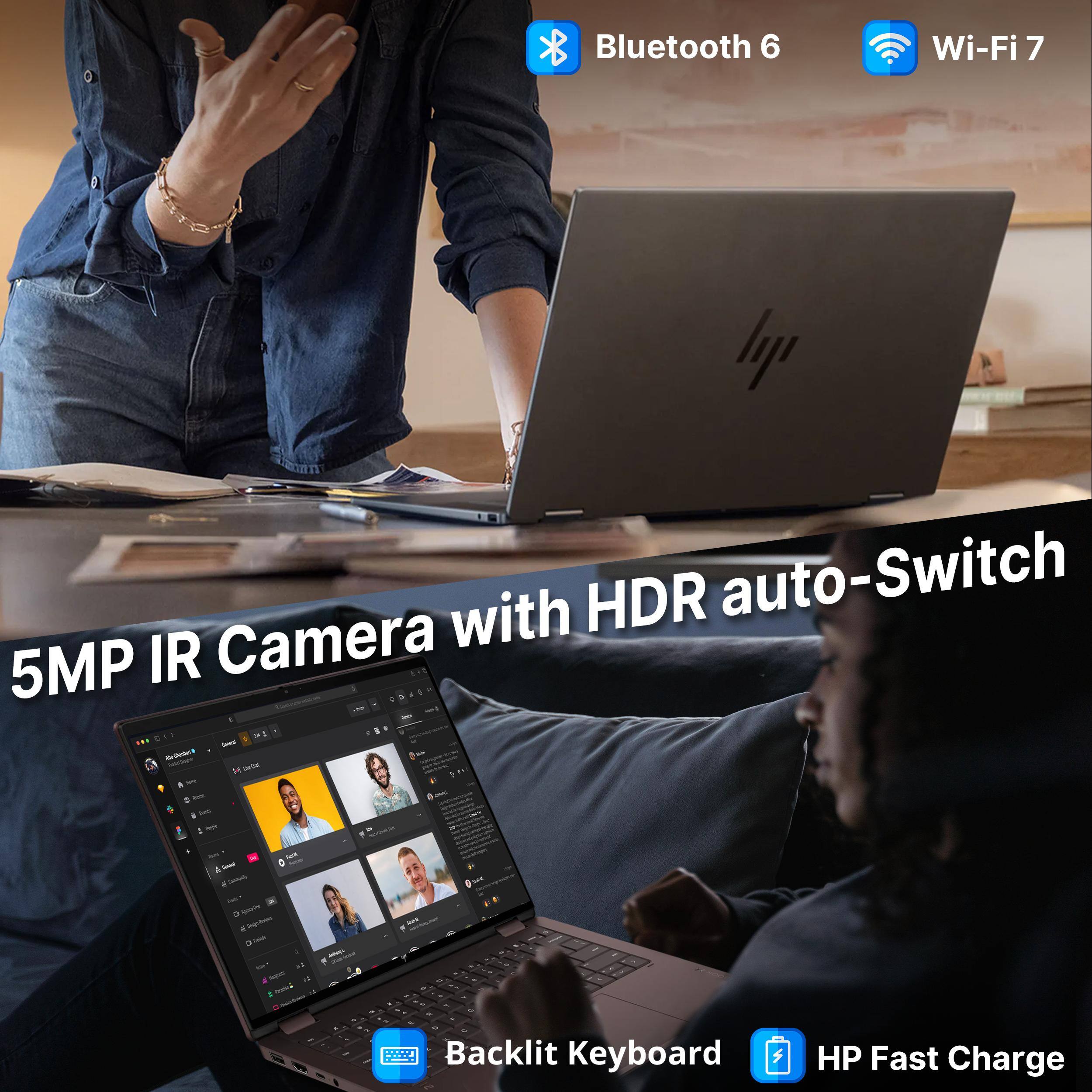 Bluetooth 6 Wi-Fi 7 with HDR auto-Switch 5MP IR Camera 1. a. Seas -n - .. -  - A - 1 - 1 - a - . ss - . -  - ..R Backlit Keyboard HP Fast Charge