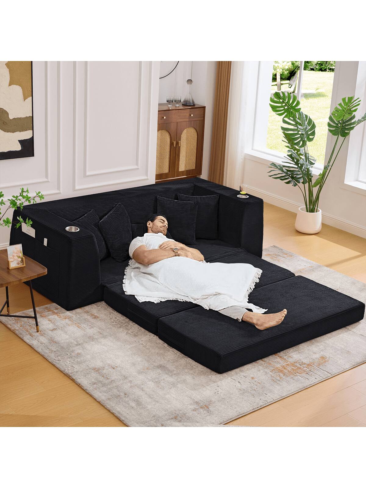 Alt View 4. Trinkets Crazed - 82.25" Convertible Sofa Bed, Loveseat Sleeper Sofa, 2 In 1 Sofa, Corduroy Pull Out Sofa Bed, 5 Pillows, Side Pocket - Black.