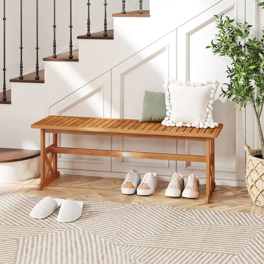 Gymax 51 Inches Acacia Wood Outdoor Bench w/ Slatted Seat & X Shaped ...