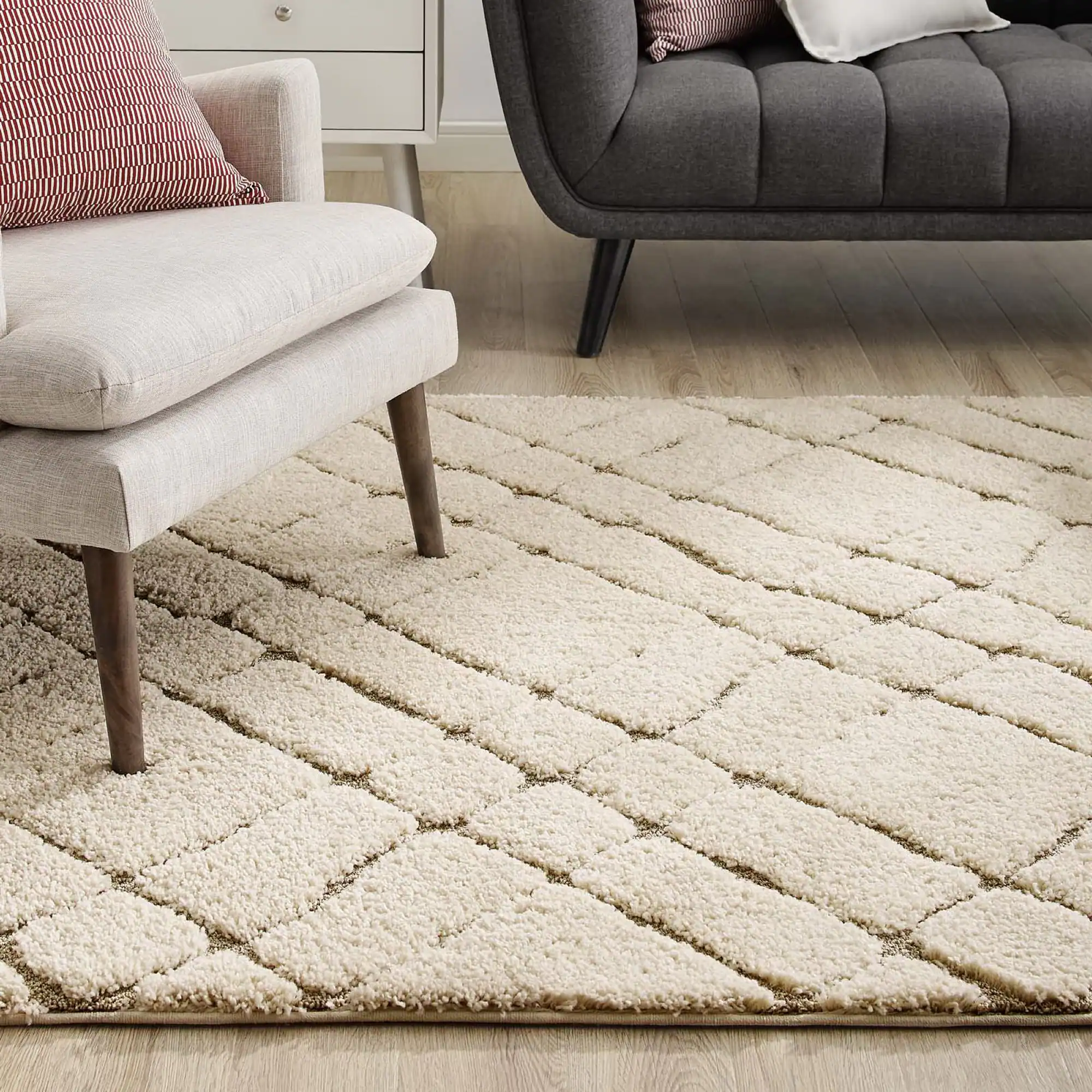 Left. Modway - Jubilant Verona Abstract Geometric Shag Area Rug - Creame and Beige.