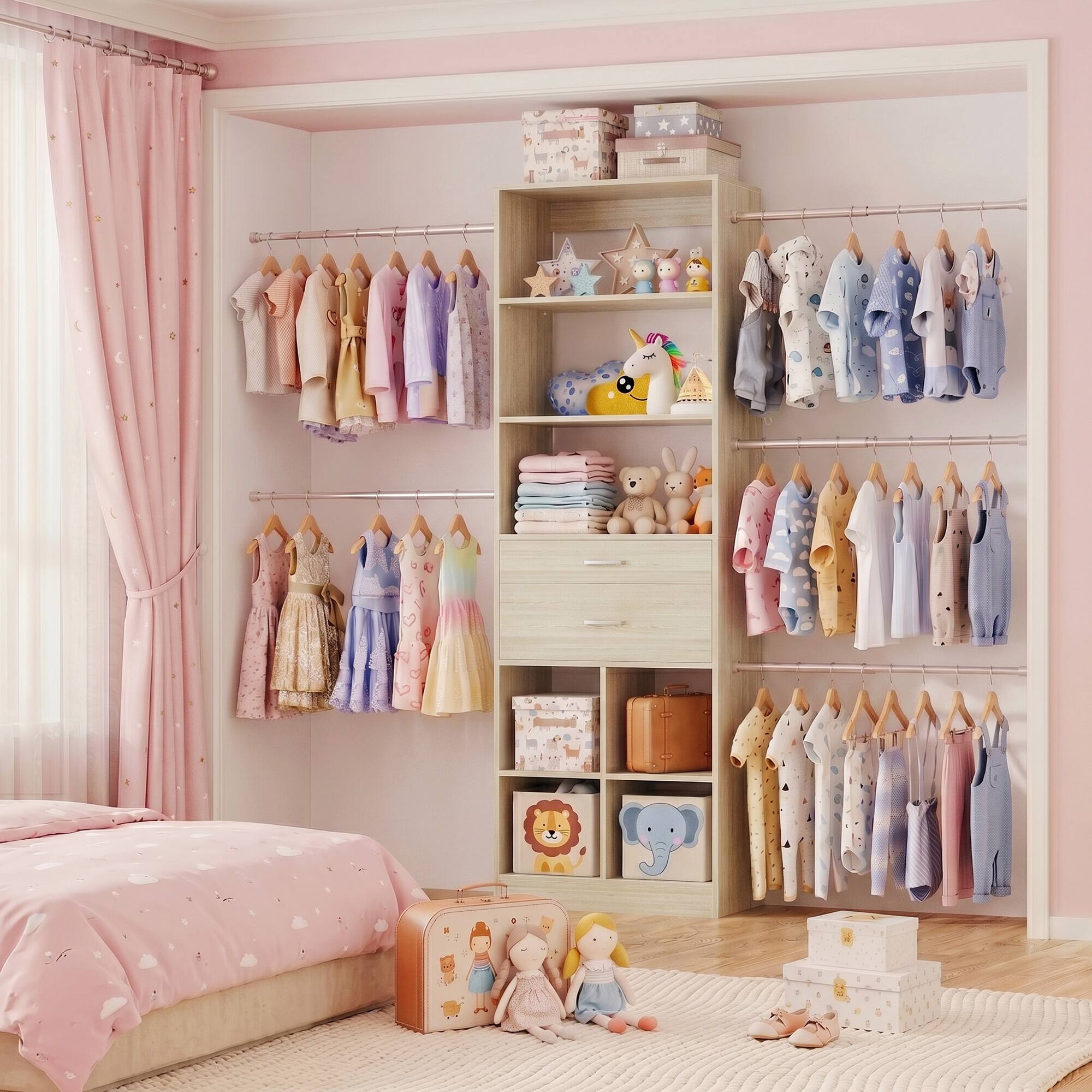 Alt View 2. Aheaplus - Small Closet System, 3.2-6.8FT Adjustable Closet Organizer with 2 Drawers & 5 Hanging Rods - White Oak.