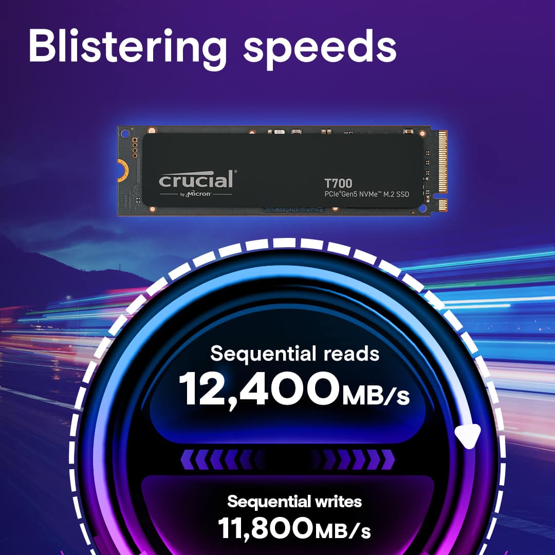 Blistering speeds are achieved by the Micron T700 PCle Gen5 NVMe M.2 SSD. It offers sequential reads of 12,400 MB/s and sequential writes of 11,800 MB/s.