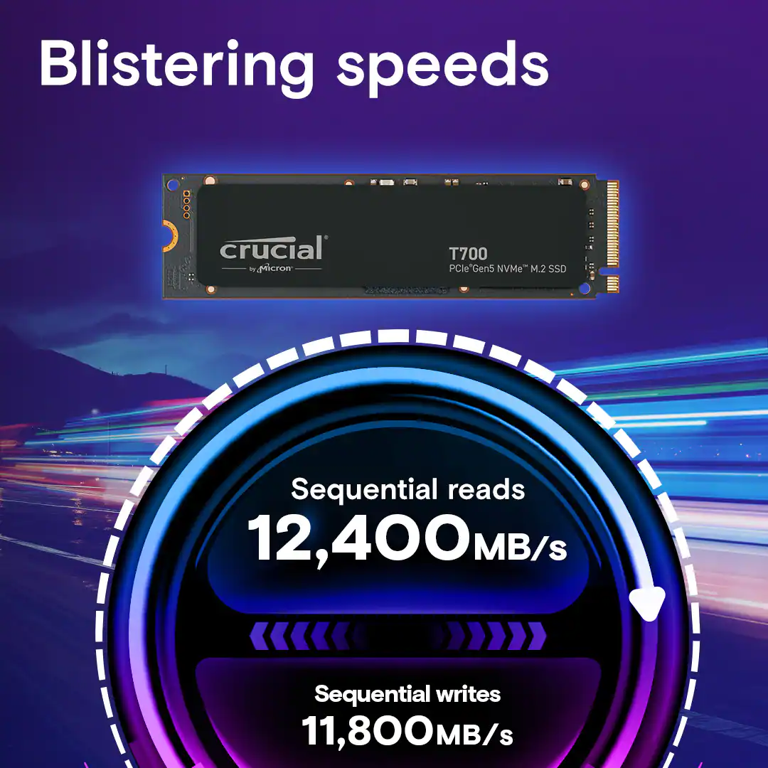 Blistering speeds are achieved by the Micron T700 PCle Gen5 NVMe M.2 SSD. It offers sequential reads of 12,400 MB/s and sequential writes of 11,800 MB/s.