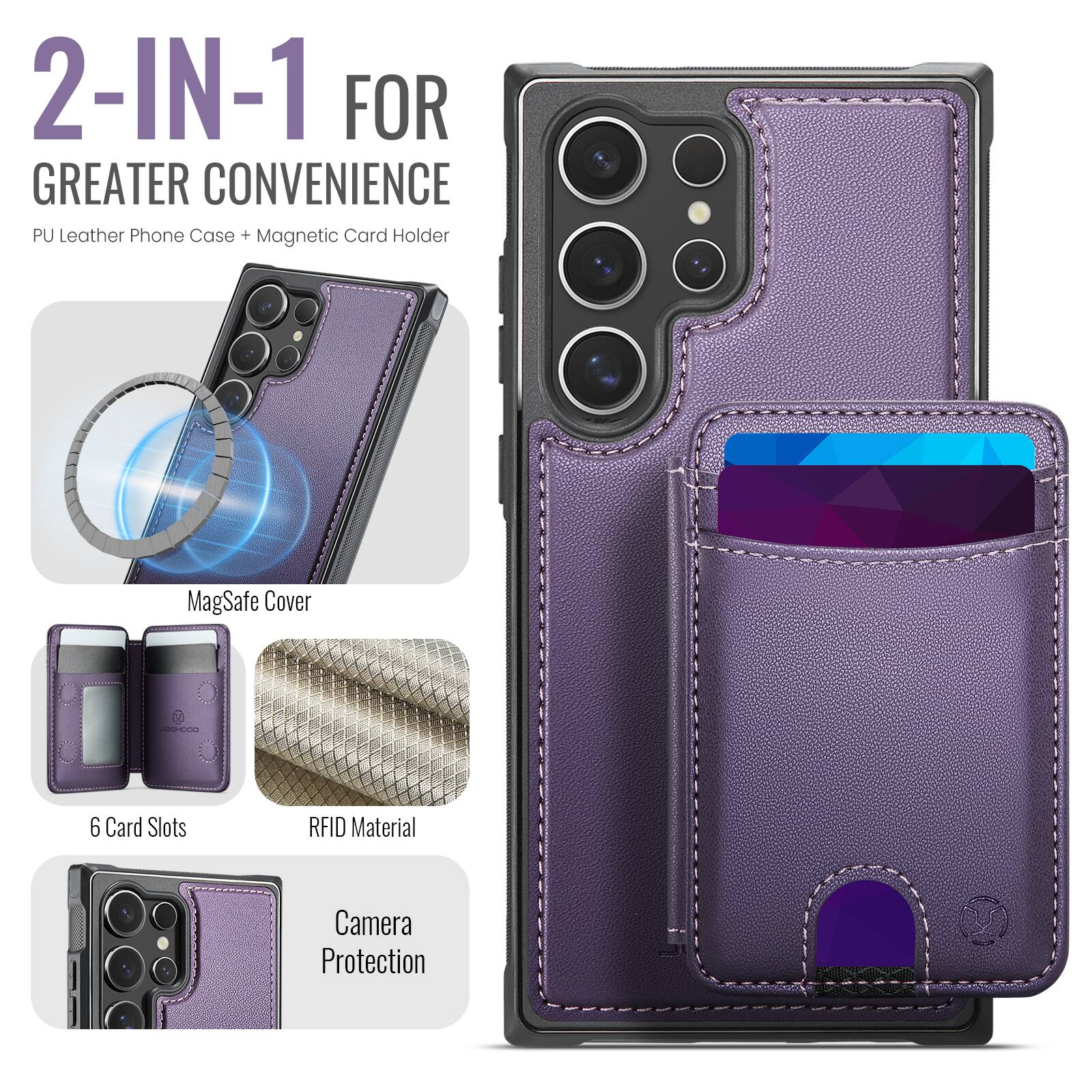 2-IN-1 FOR GREATER CONVENIENCE  
PU Leather Phone Case + Magnetic Card Holder  
MagSafe Cover  
6 Card Slots  
RFID Material  
Camera Protection