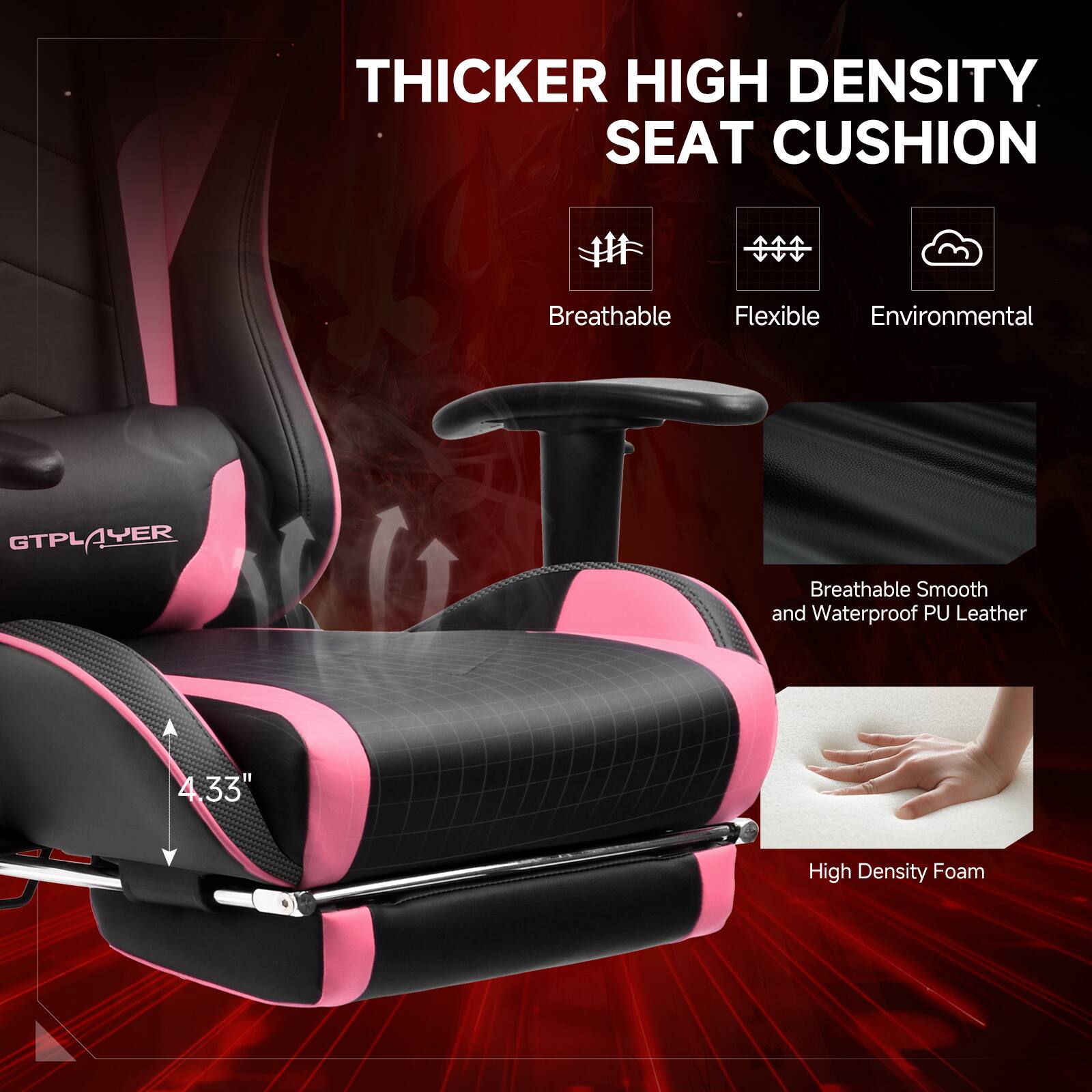 THICKER HIGH DENSITY SEAT CUSHION, Breathable, Flexible, Environmental, GTPLAYER, Breathable Smooth and Waterproof PU Leather, 433", High Density Foam