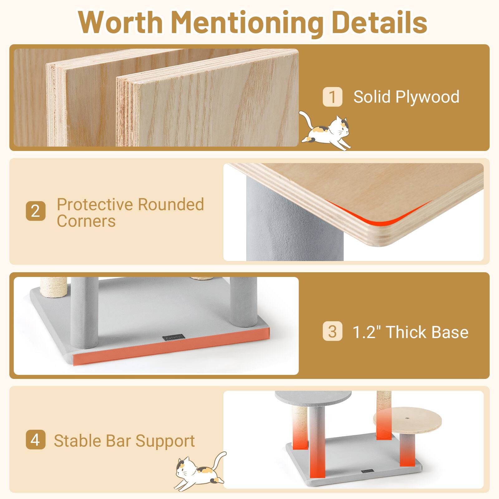 Worth Mentioning Details

1. Solid Plywood

2. Protective Rounded Corners

3. 1.2" Thick Base

4. Stable Bar Support