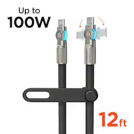 iBasics - 100W USB-C to USB-C Cable 12ft – Fast Charge Swivel Cord - Black