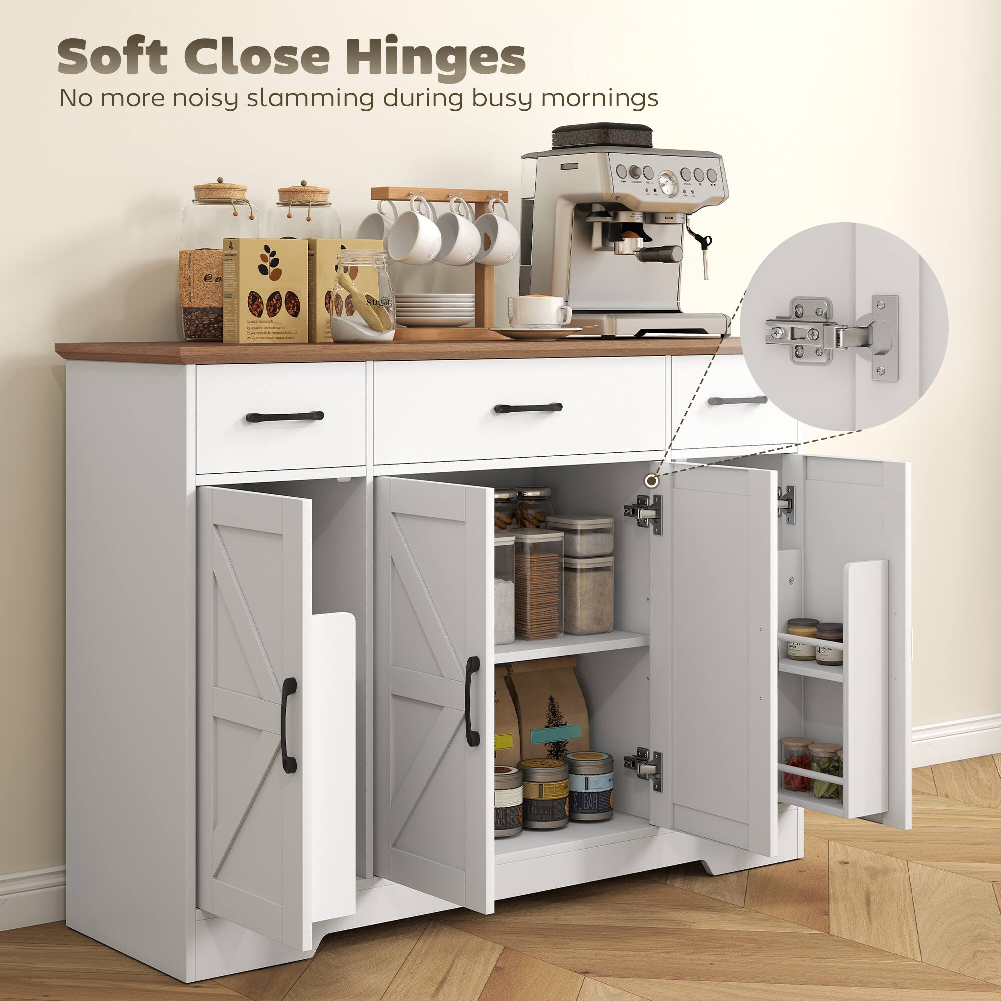 Soft Close Hinges  
No more noisy slamming during busy mornings