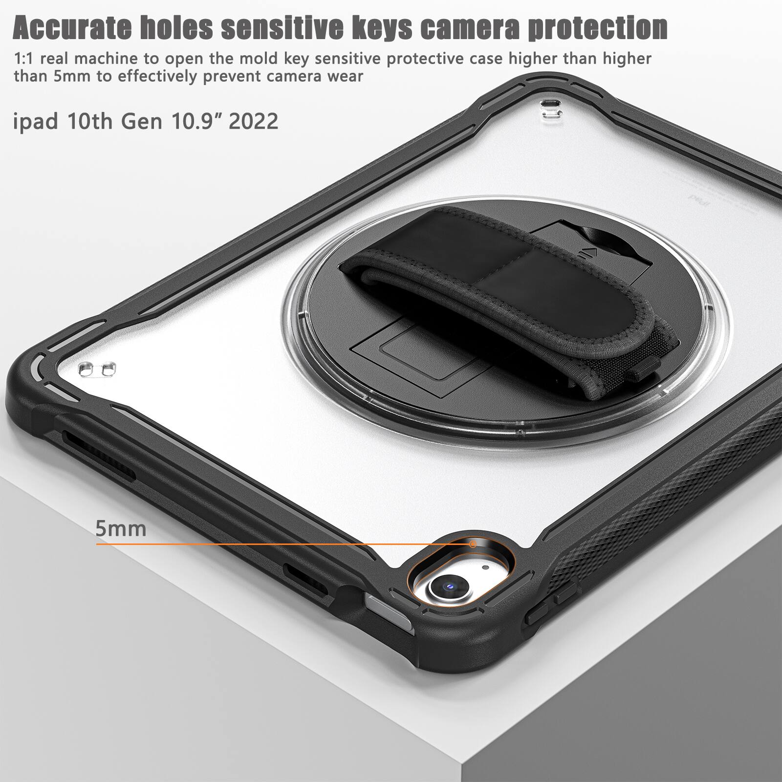 Accurate holes sensitive keys camera protection  
1:1 real machine to open the mold key sensitive protective case higher than higher than 5mm to effectively prevent camera wear  
ipad 10th Gen 10.9" 2022