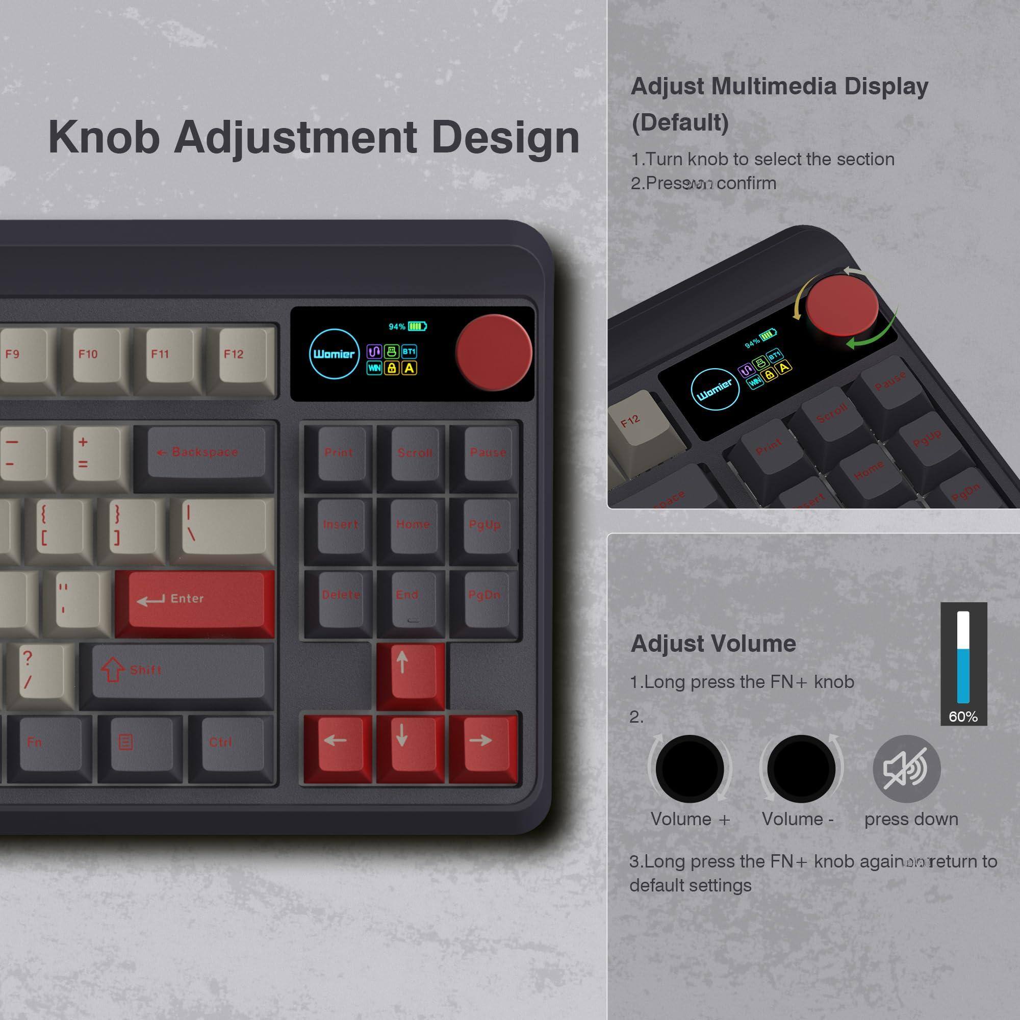 **Knob Adjustment Design**

**Adjust Multimedia Display (Default)**
1. Turn knob to select the section
2. Press to confirm

**Adjust Volume**
1. Long press the FN + knob
2. Volume + Volume- press down
3. Long press the FN + knob again to return to default settings