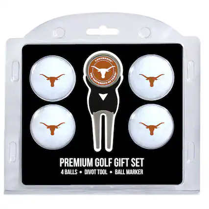 LONGHORNS!
THE UNIVERSITY OF TEXAS
PREMIUM GOLF GIFT SET
4 BALLS • DIVOT TOOL • BALL MARKER