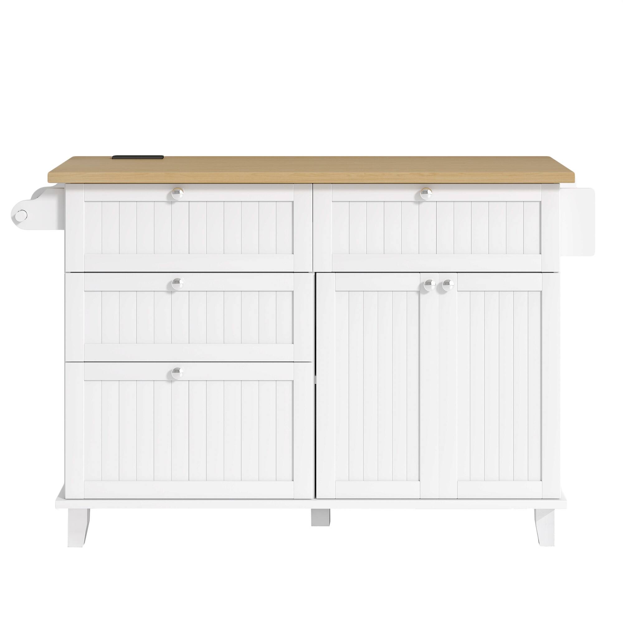 Alt View 7. Forest'nSky - Farmhouse Kitchen Island with Drop Leaf & 2 Seats, Storage Cabinet with Drawers & Power Outlet, White - White.