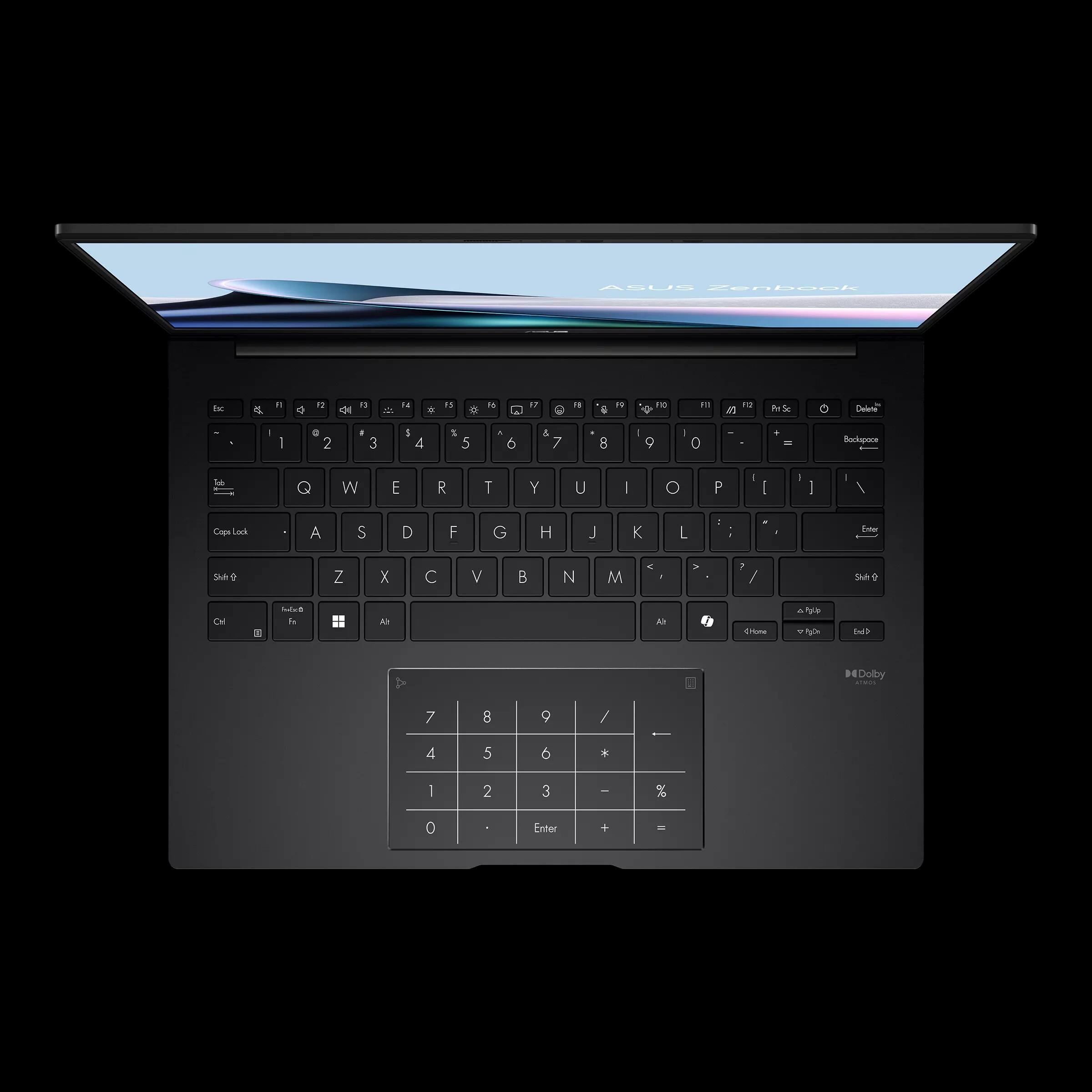 ASUS ZenBook

" *1  ss Tal . .  FO 4  C - & i  an 11 a PeSe Delens . - 1 a 2 a 3 I 4 % 5 A 6 & 7 8 I Q - 0 . - Backspace L Q W E R T Y U I O P I I - I I / Copa Loek d A S D F G H J K L : 1 Tale S o Z X C V B N M -  . / Shih Oe   In t0 A Ee AN  Ds EDolby 7 8 9 / - 4 5 6 * 1 2 3 ee % 0 Enter + -