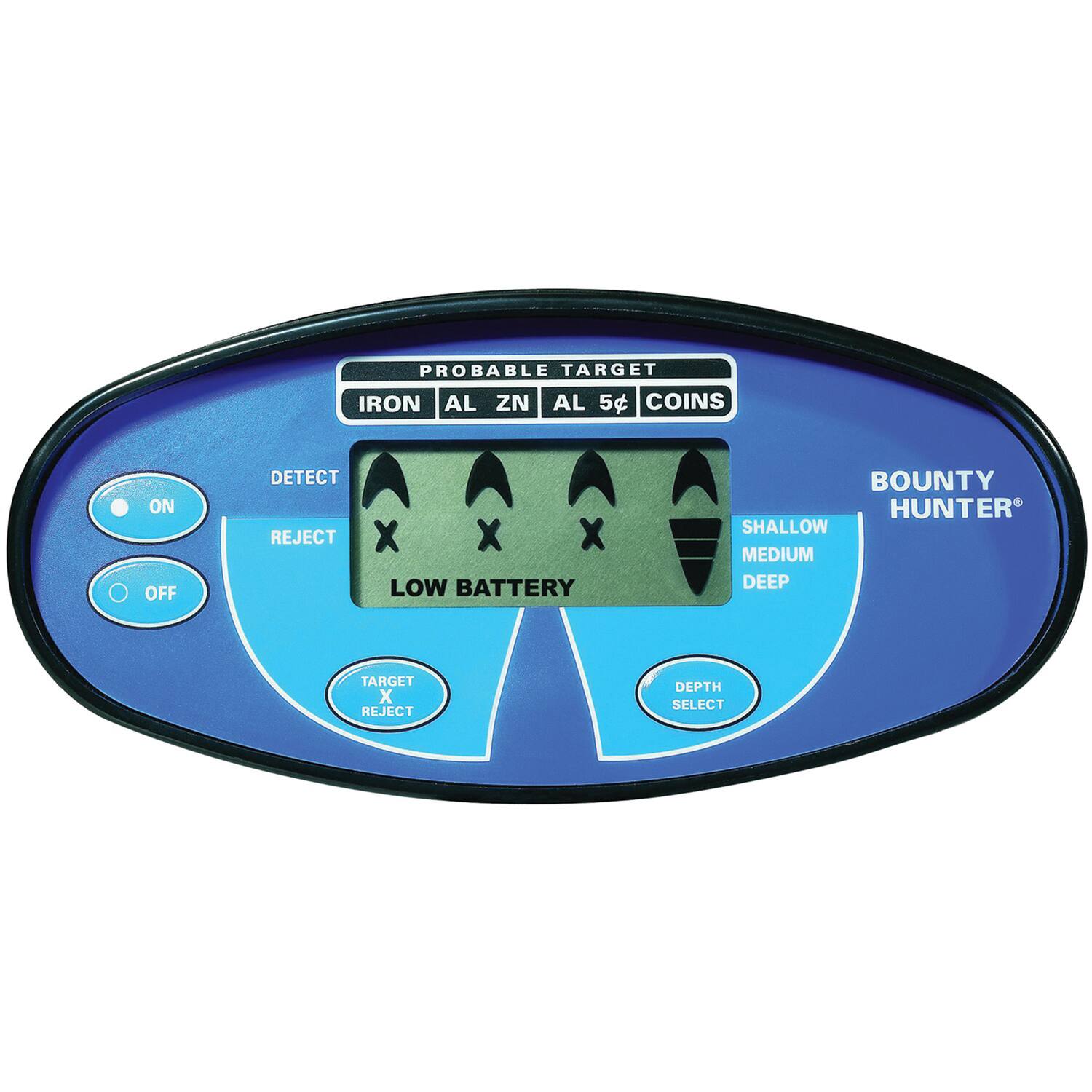 PROBABLE TARGET  
IRON AL ZN AL 5¢ COINS  
ON OFF  
DETECT REJECT  
LOW BATTERY  
SHALLOW MEDIUM DEEP  
TARGET REJECT  
DEPTH SELECT