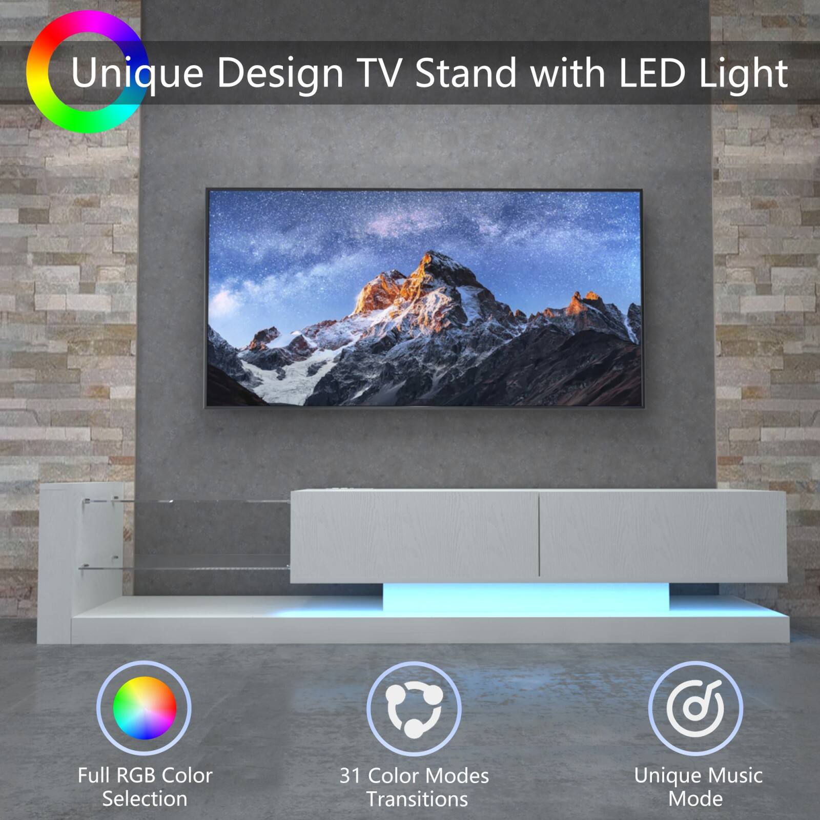 Unique Design TV Stand with LED Light

- Full RGB Color Selection
- 31 Color Modes Transitions
- Unique Music Mode