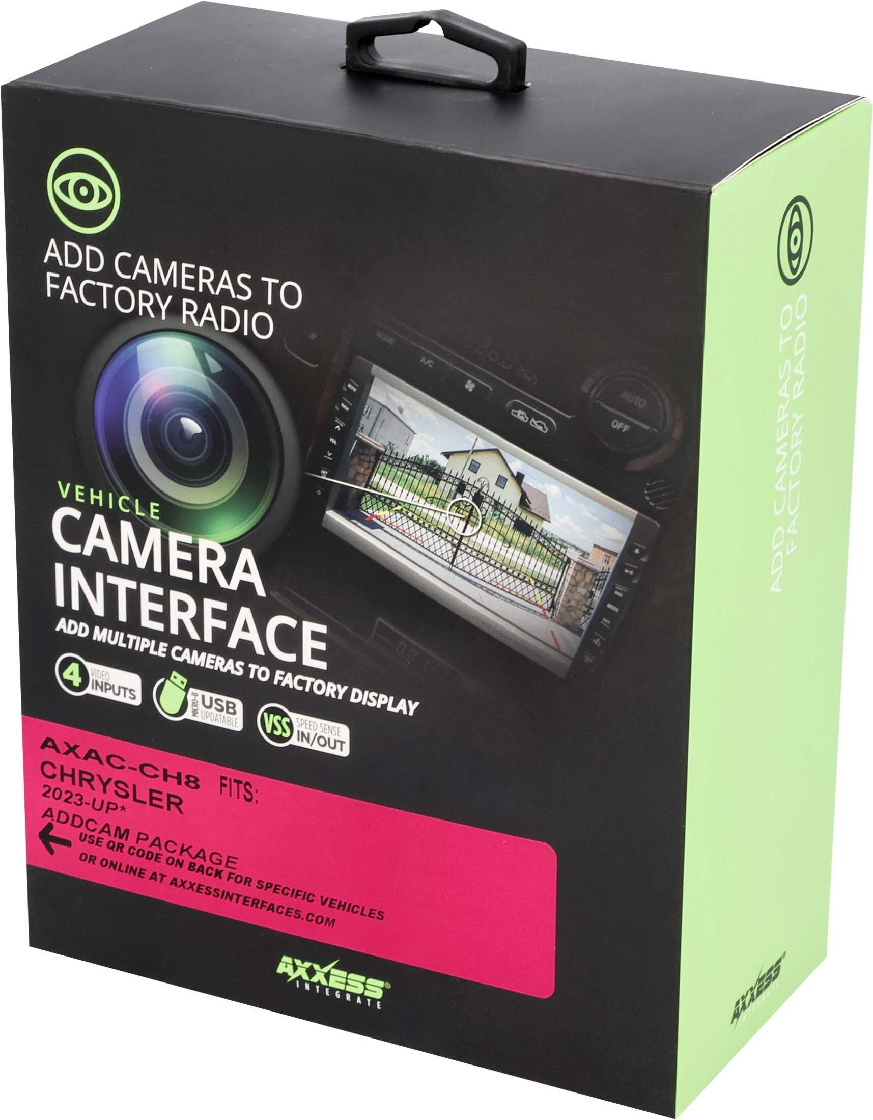 The text on the image is already grouped and correctly written. It reads: "Add factory cameras to radio AFC vehicle camera interface add 4 vidro multiple cameras to inputs factory display MR- USB updatable VSS speed sense in/out Chrysler 2023-up* fits: ADDCAM use QR package or code on online at back for AxxessInterfaces.com specific vehicles Axxess integrate auto off to radio cameras factory add Axxess."
