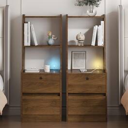 LUCKY ONE - Set of 2 Assembled Nightstands with Charging Station Voice Light USB Lock - Wood