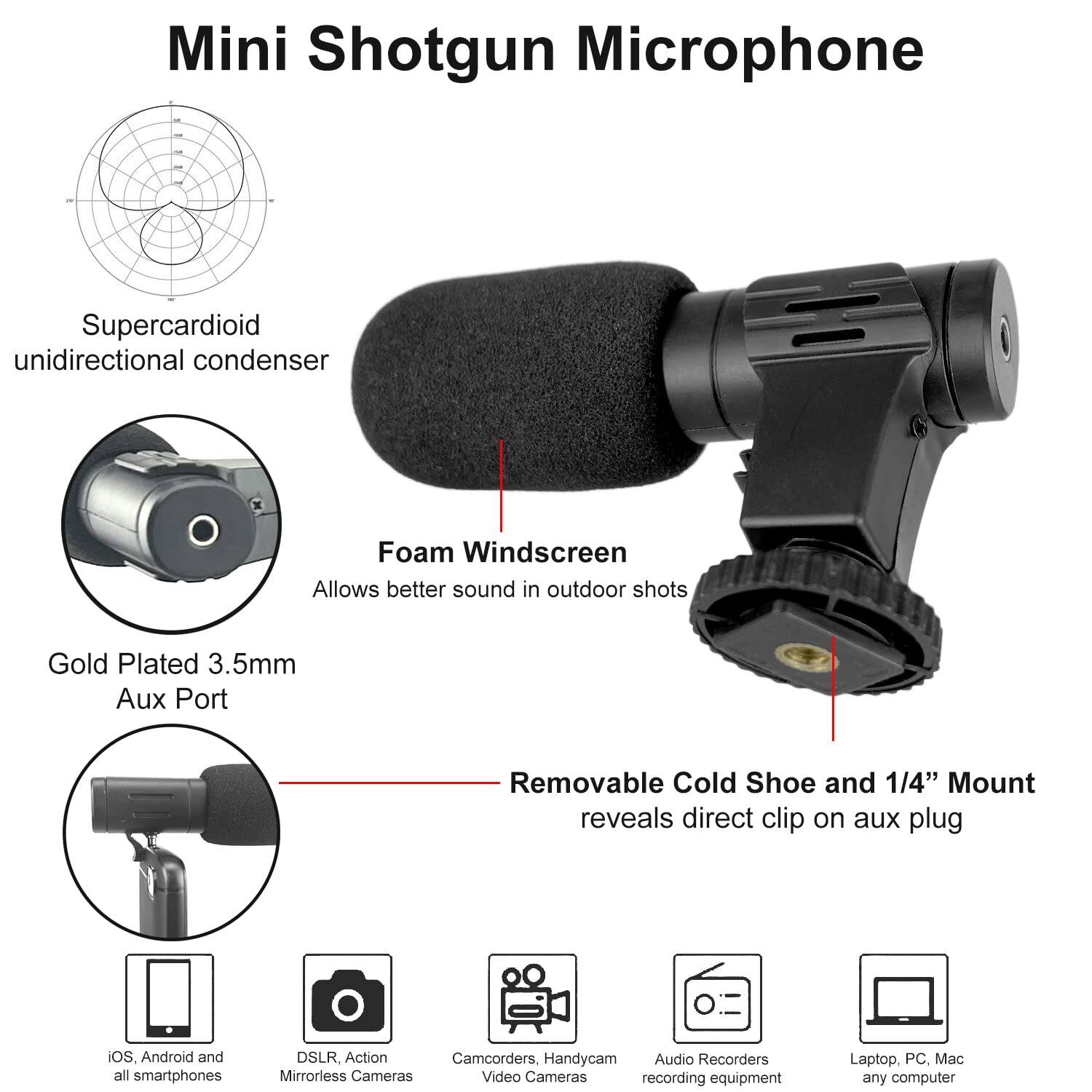 Mini Shotgun Microphone

- Supercardioid unidirectional condenser
- Foam Windscreen: Allows better sound in outdoor shots
- Gold Plated 3.5mm Aux Port
- Removable Cold Shoe and 1/4" Mount reveals direct clip on aux plug

Compatibility:
- iOS, Android and all smartphones
- DSLR, Action Camcorders, Handycam
- Mirrorless Cameras
- Video Cameras
- Audio Recorders
- Laptop, PC, Mac any computer