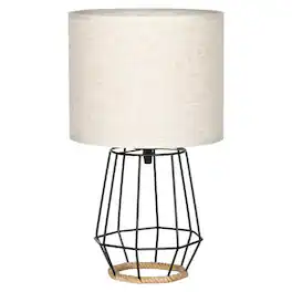 Oumilen - Black Wire Cage Table Lamp with Beige Fabric Shade & Hemp Rope Base