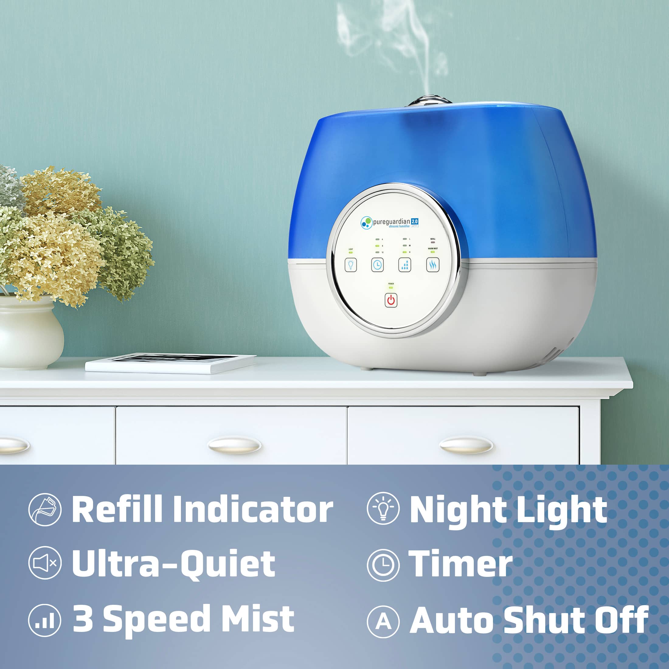 "PureGuardian I Refill Indicator Night Light x Ultra-Quiet Timer l. 3 Speed Mist A Auto Shut Off."