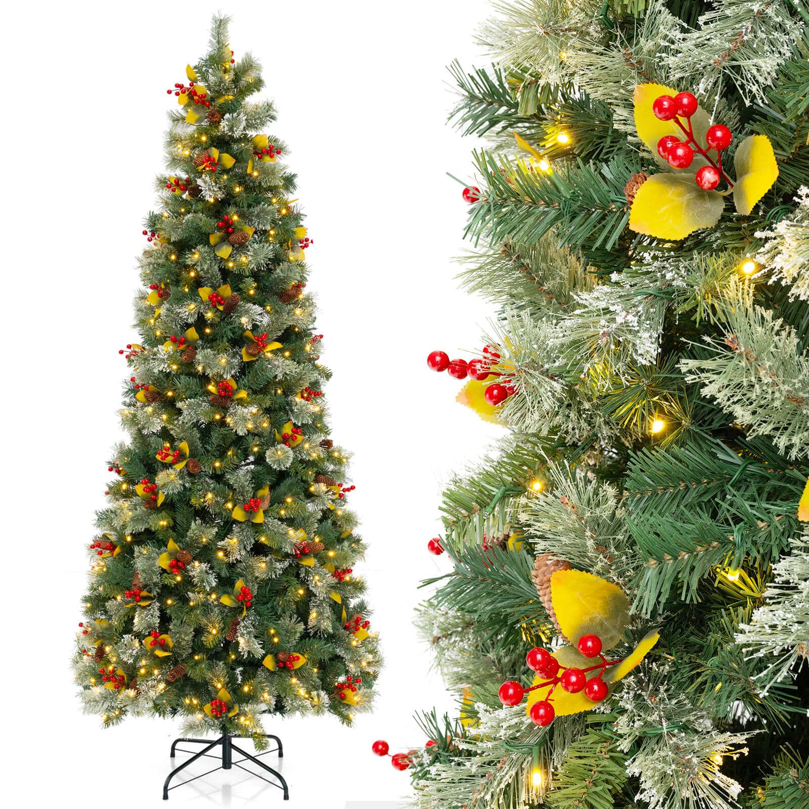 Costway - 7.5 FT Artificial Xmas Tree with 1096 Branch Tips 460 Warm White LED Lights - Green