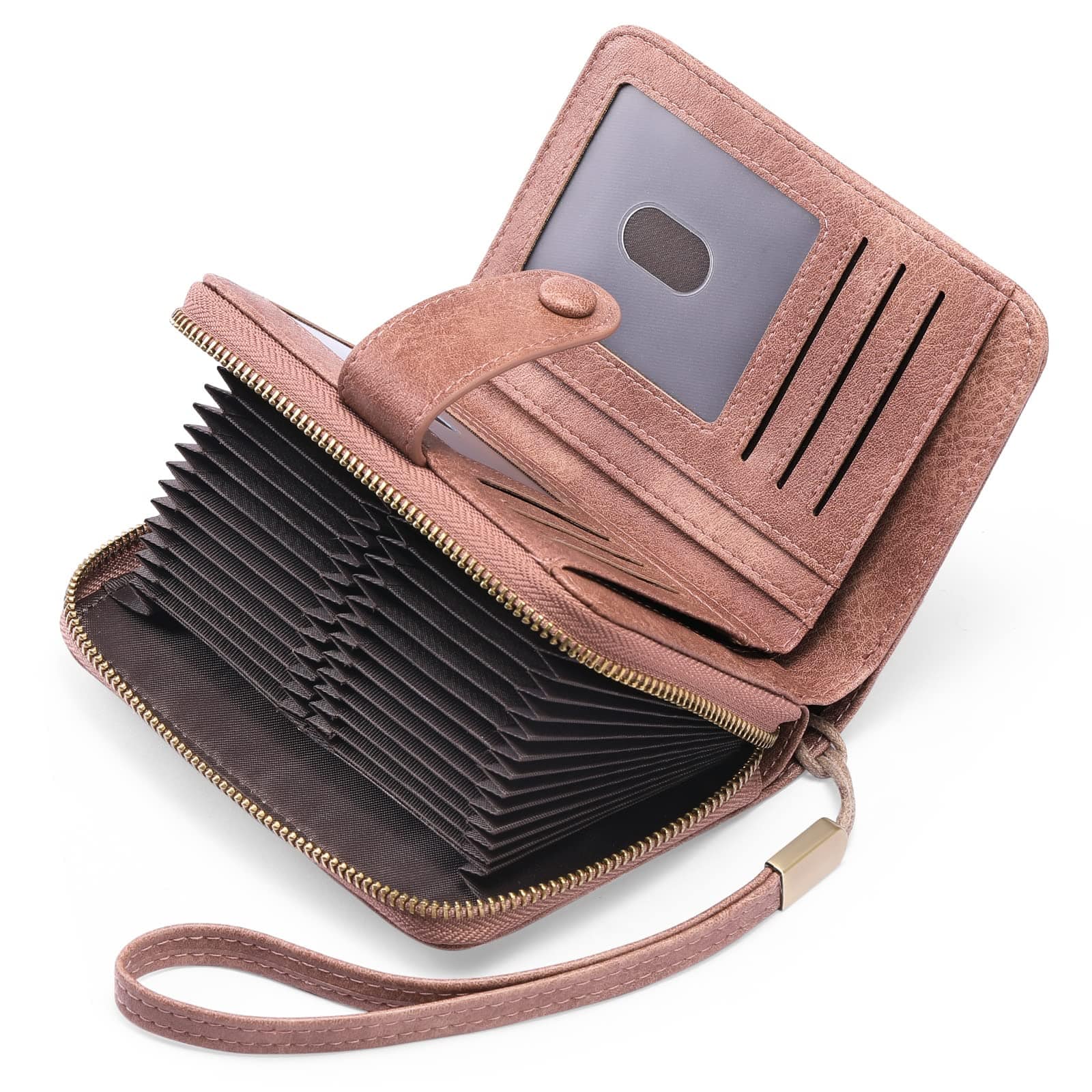 Jadie Link - Leather Credit Card Holder Wallet Women Rfid Blocking Large Capacity Bifold Zipper Case Organizer Wristlet Slots - B-Pink-Large